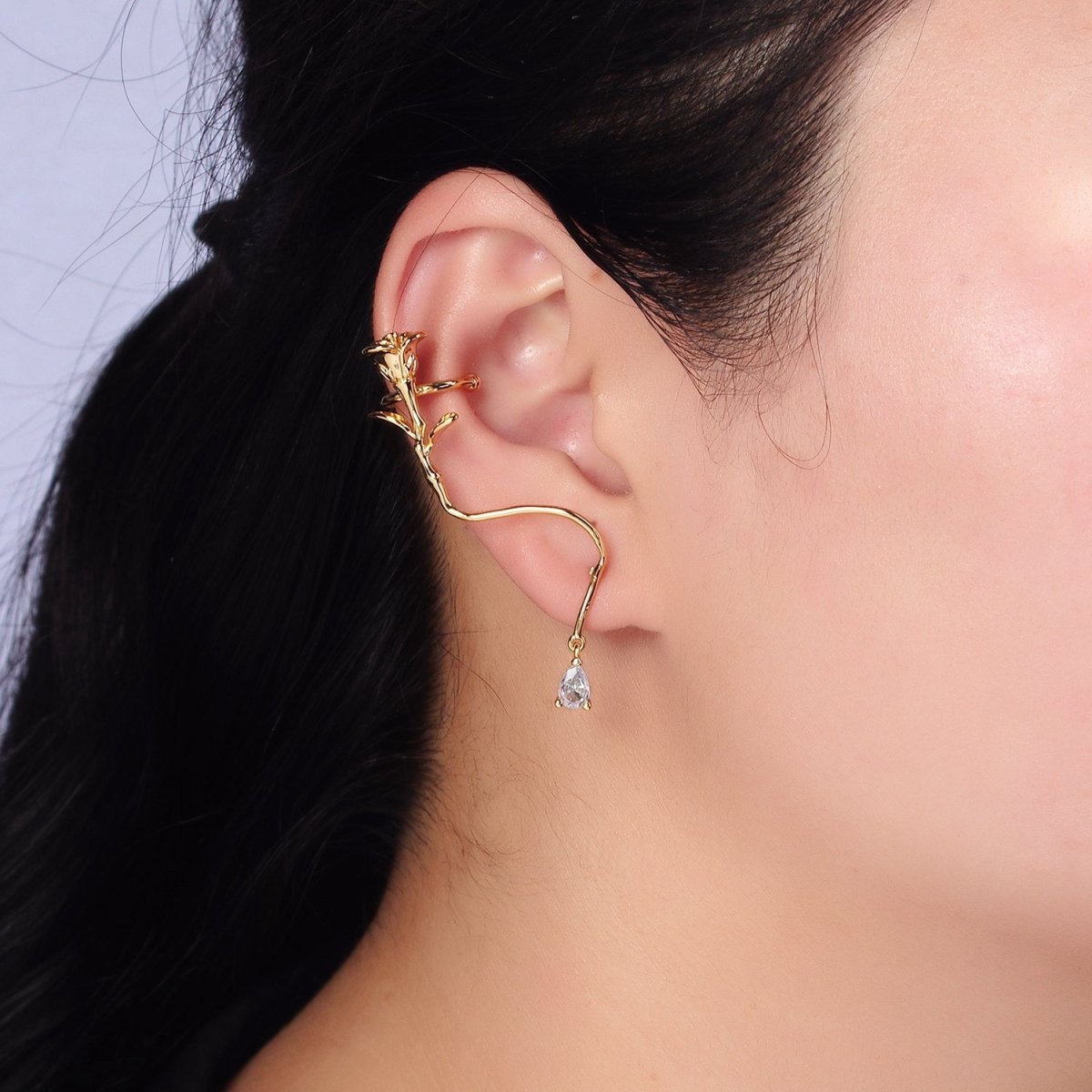 16K Gold Filled Rose Flower Long Vine Teardrop Dangle Ear Cuff Stud Earrings in Gold & Silver | Y-829 Y-830 - DLUXCA