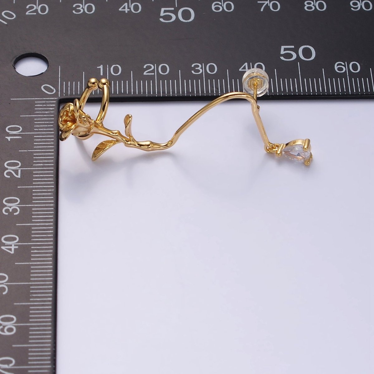16K Gold Filled Rose Flower Long Vine Teardrop Dangle Ear Cuff Stud Earrings in Gold & Silver | Y-829 Y-830 - DLUXCA