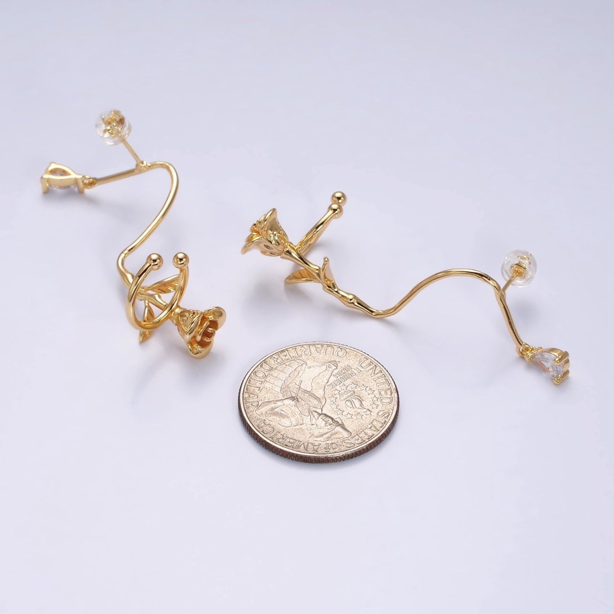16K Gold Filled Rose Flower Long Vine Teardrop Dangle Ear Cuff Stud Earrings in Gold & Silver | Y-829 Y-830 - DLUXCA