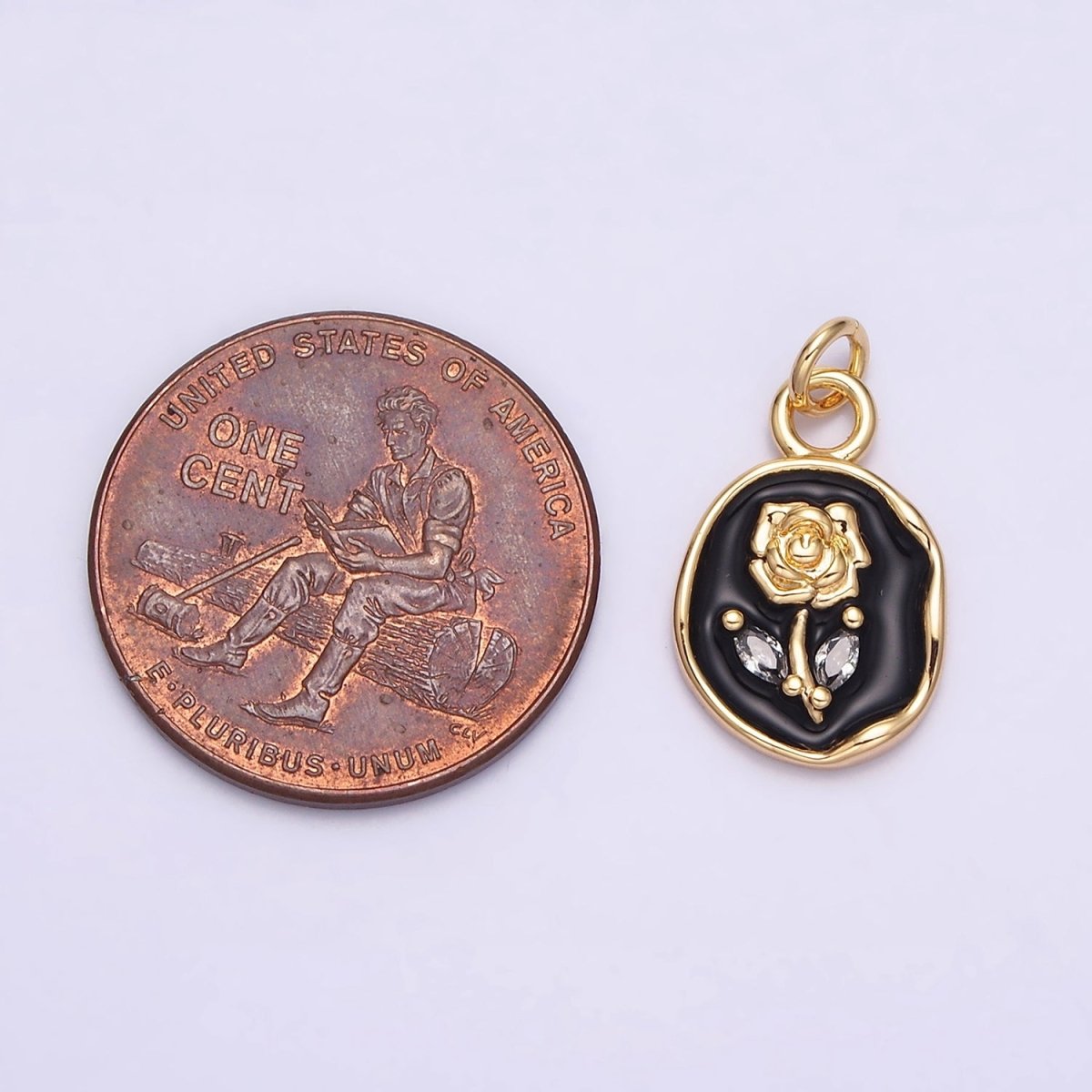 16K Gold Filled Rose Flower Marquise Leaf White, Pink, Black Sparkly Enamel Stamped Oval Charm | AC1081 - AC1086 - DLUXCA