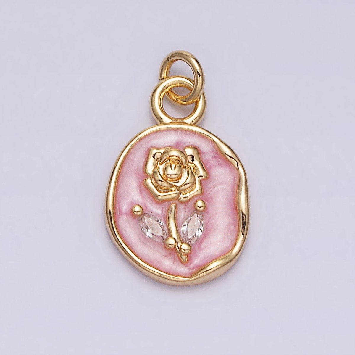 16K Gold Filled Rose Flower Marquise Leaf White, Pink, Black Sparkly Enamel Stamped Oval Charm | AC1081 - AC1086 - DLUXCA