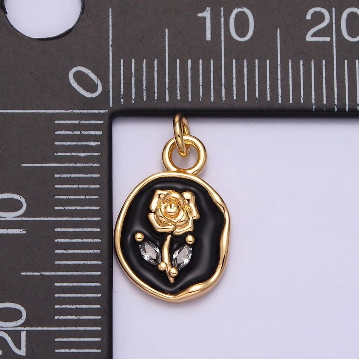16K Gold Filled Rose Flower Marquise Leaf White, Pink, Black Sparkly Enamel Stamped Oval Charm | AC1081 - AC1086 - DLUXCA