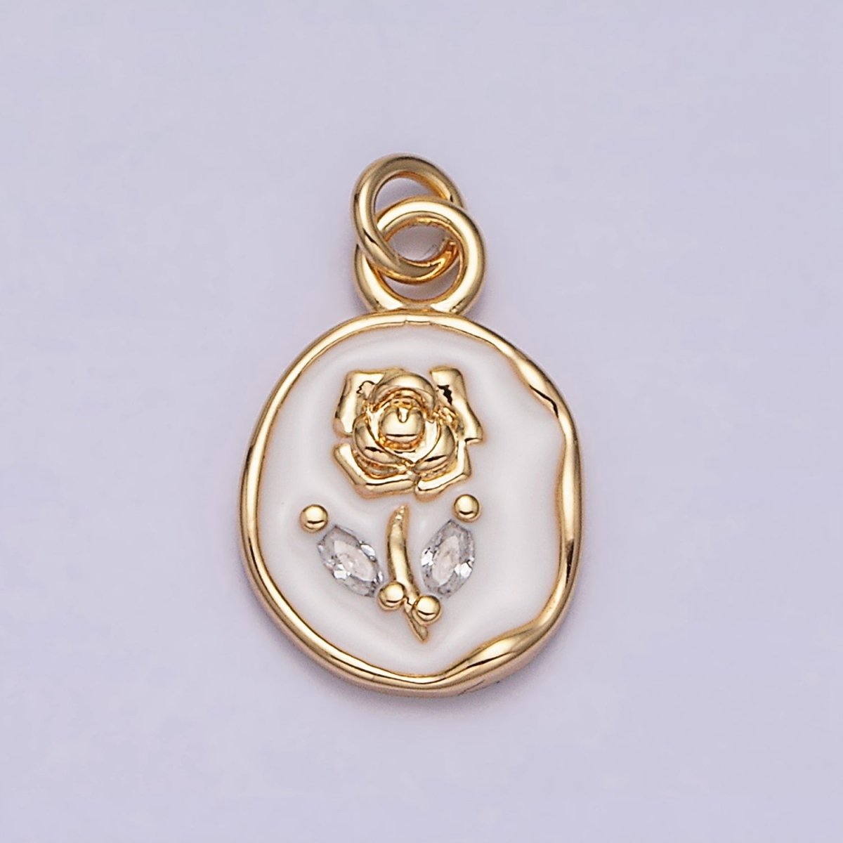 16K Gold Filled Rose Flower Marquise Leaf White, Pink, Black Sparkly Enamel Stamped Oval Charm | AC1081 - AC1086 - DLUXCA