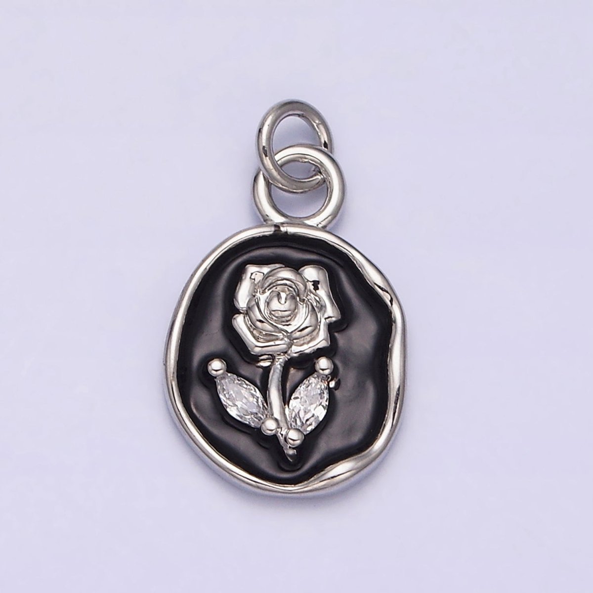 16K Gold Filled Rose Flower Marquise Leaf White, Pink, Black Sparkly Enamel Stamped Oval Charm | AC1081 - AC1086 - DLUXCA