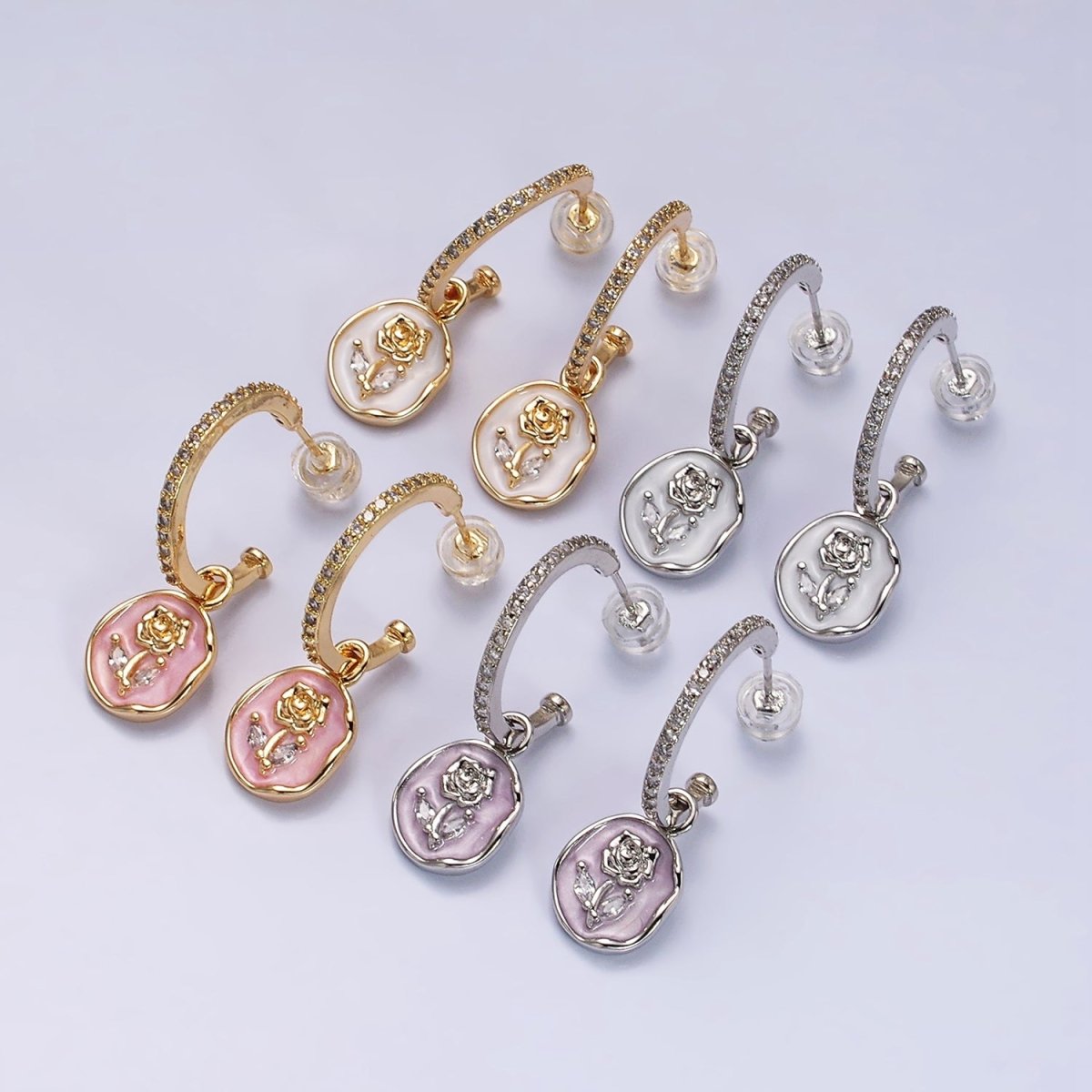 16K Gold Filled Rose Flower Marquise White, Pink Enamel Drop Micro Paved C-Shaped Hoop Earrings in Gold & Silver | AD1012 - AD1015 - DLUXCA