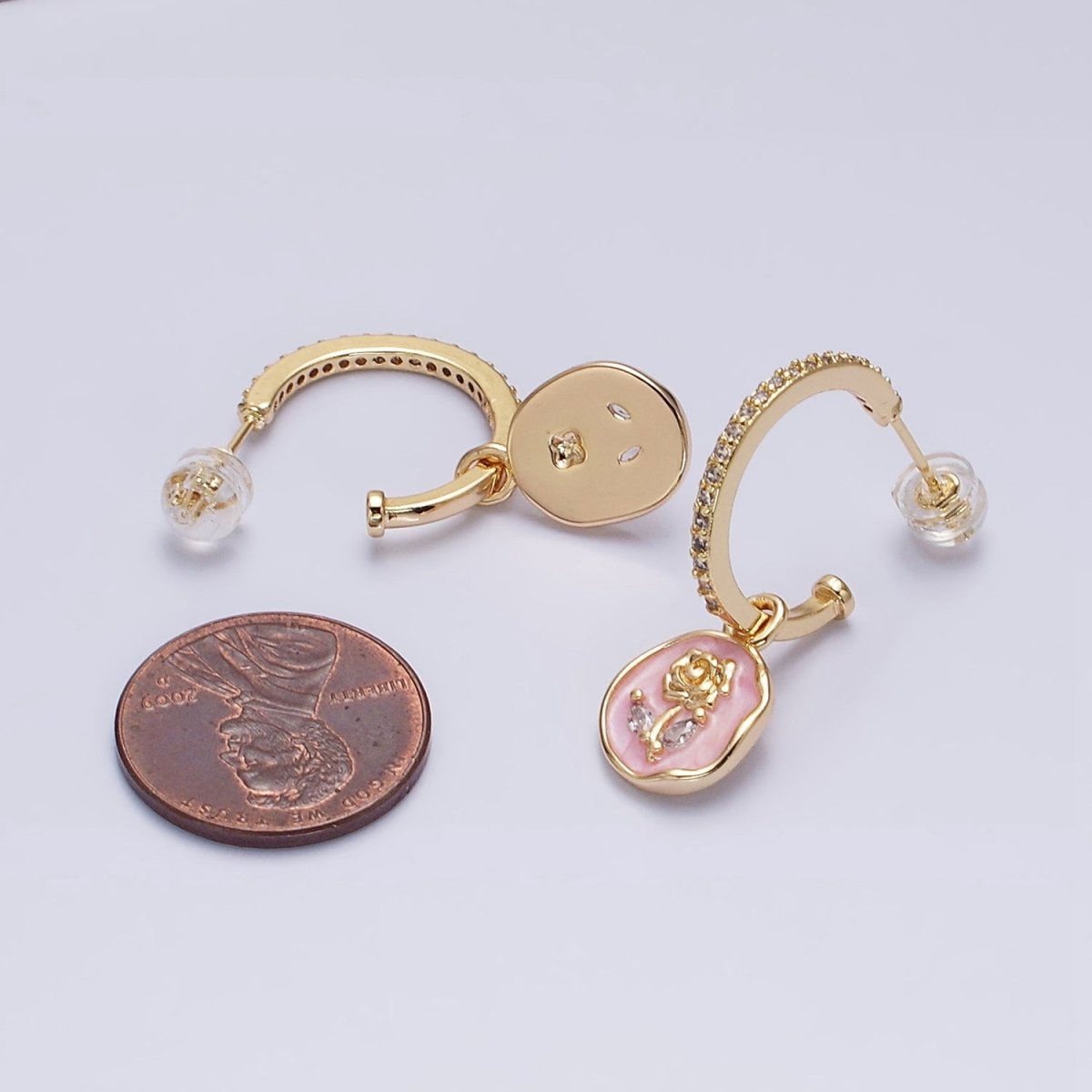 16K Gold Filled Rose Flower Marquise White, Pink Enamel Drop Micro Paved C-Shaped Hoop Earrings in Gold & Silver | AD1012 - AD1015 - DLUXCA