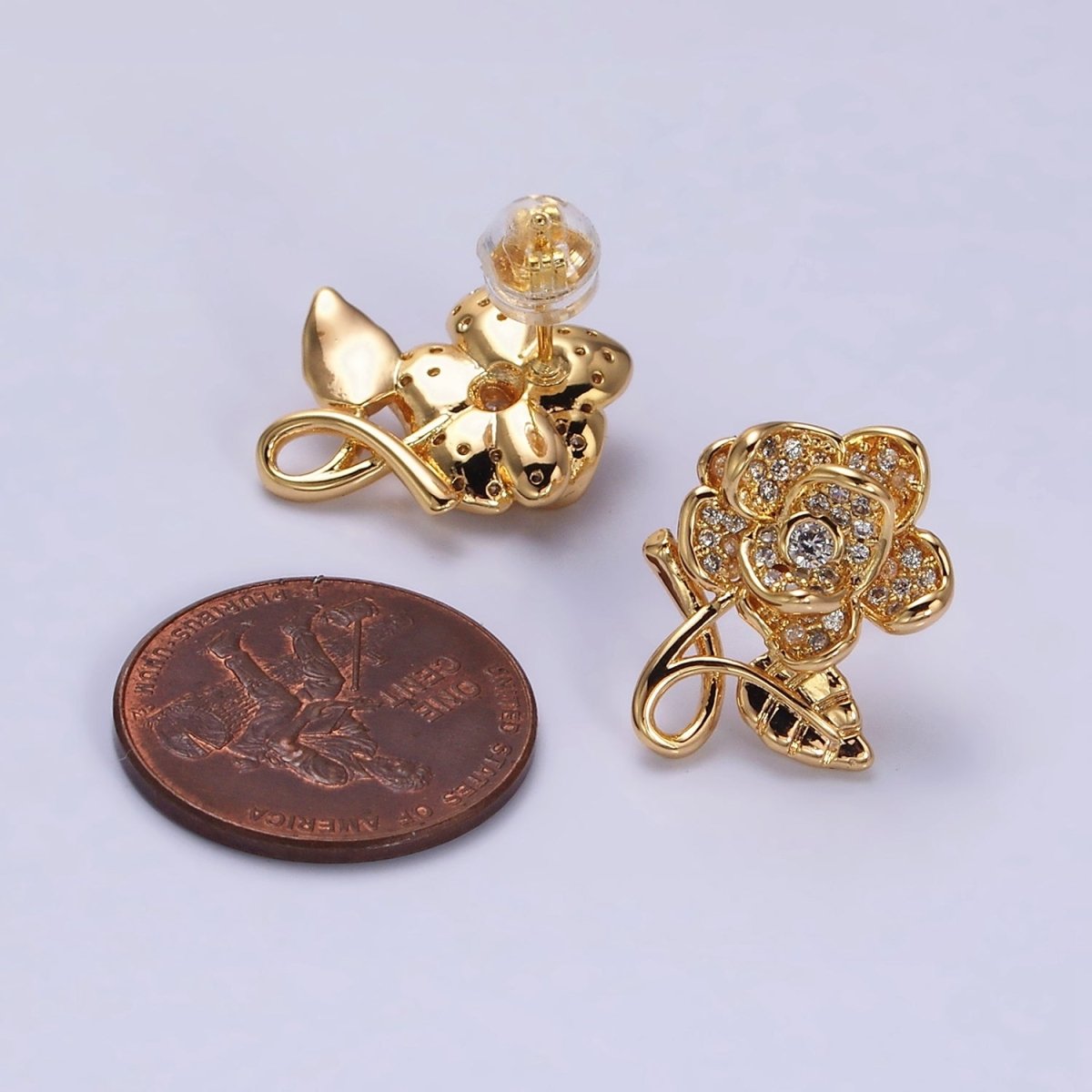 16K Gold Filled Rose Flower Mature Micro Paved CZ Stud Earrings in Gold & Silver | AD1259 AD1260 - DLUXCA