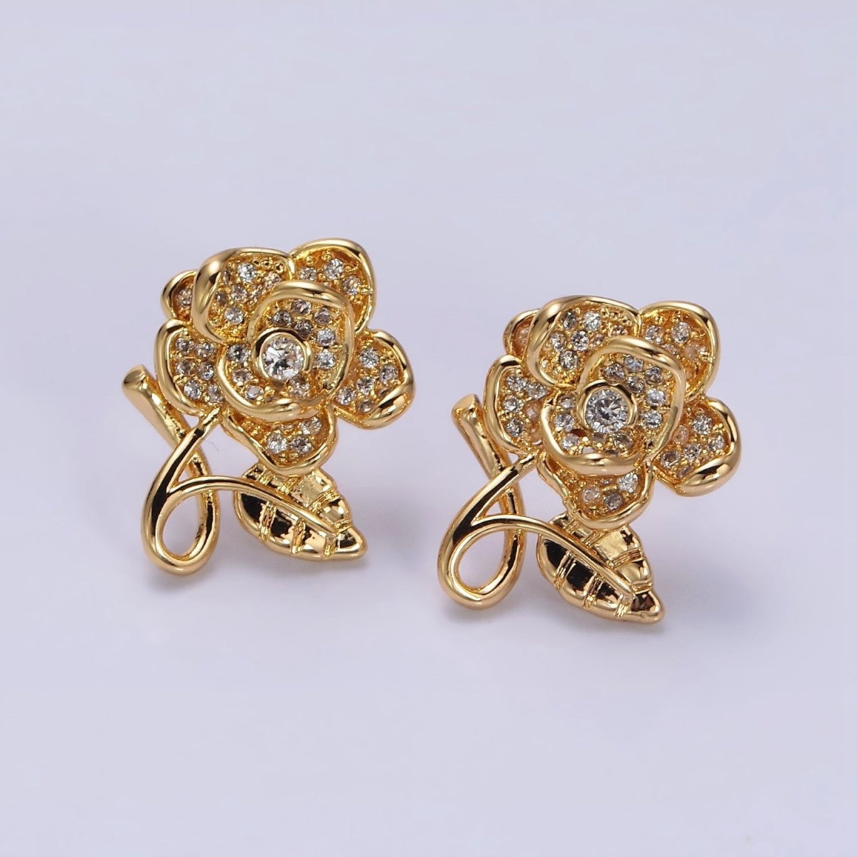 16K Gold Filled Rose Flower Mature Micro Paved CZ Stud Earrings in Gold & Silver | AD1259 AD1260 - DLUXCA