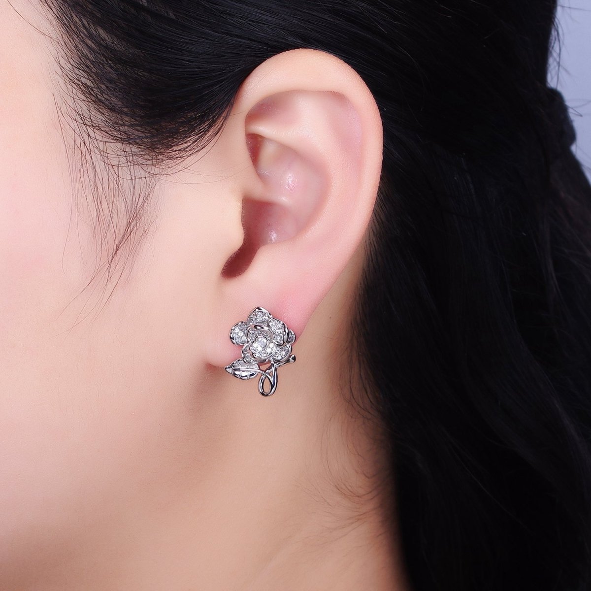 16K Gold Filled Rose Flower Mature Micro Paved CZ Stud Earrings in Gold & Silver | AD1259 AD1260 - DLUXCA