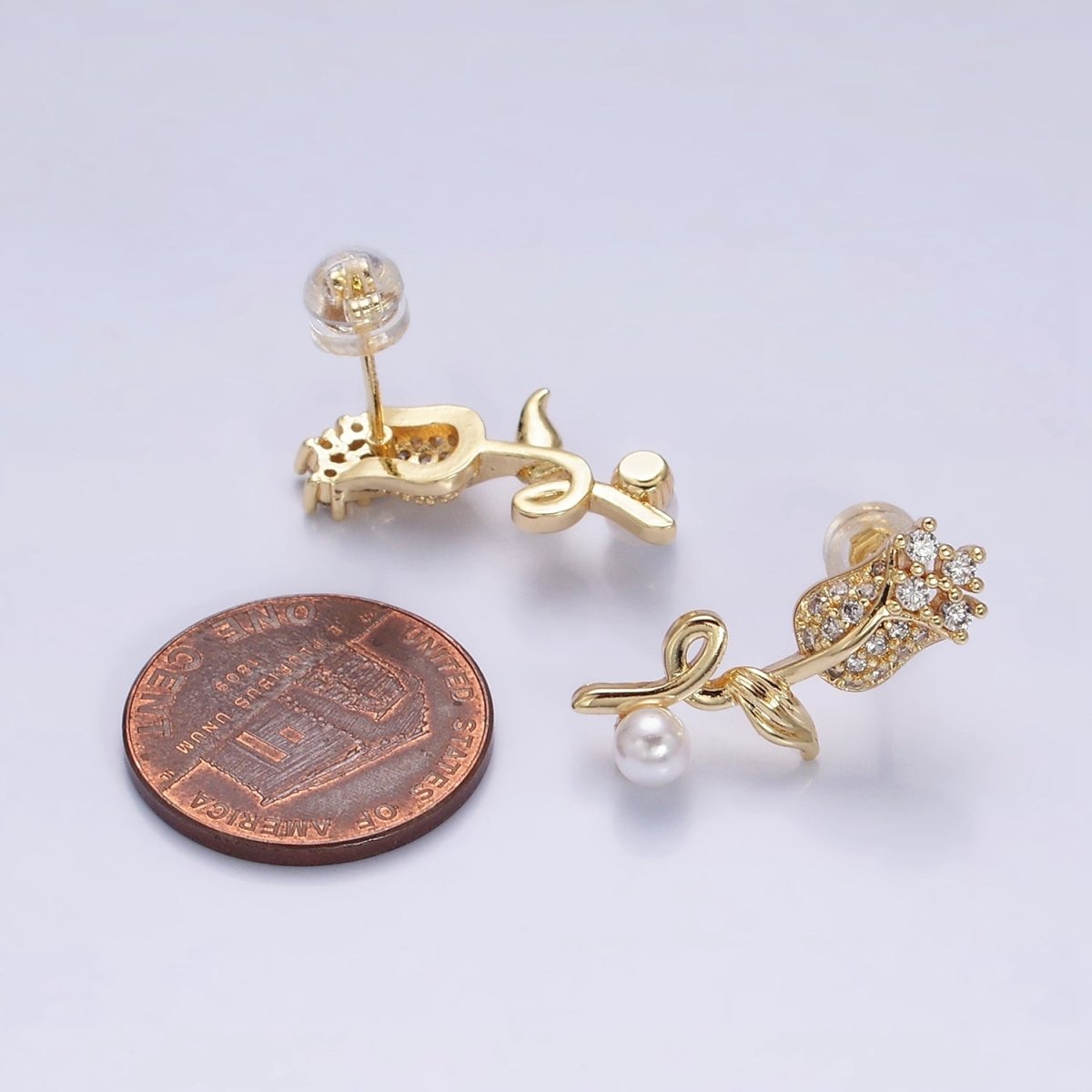 16K Gold Filled Rose Flower Micro Paved CZ Pearl Stud Earrings | Y-789 Y-790 - DLUXCA