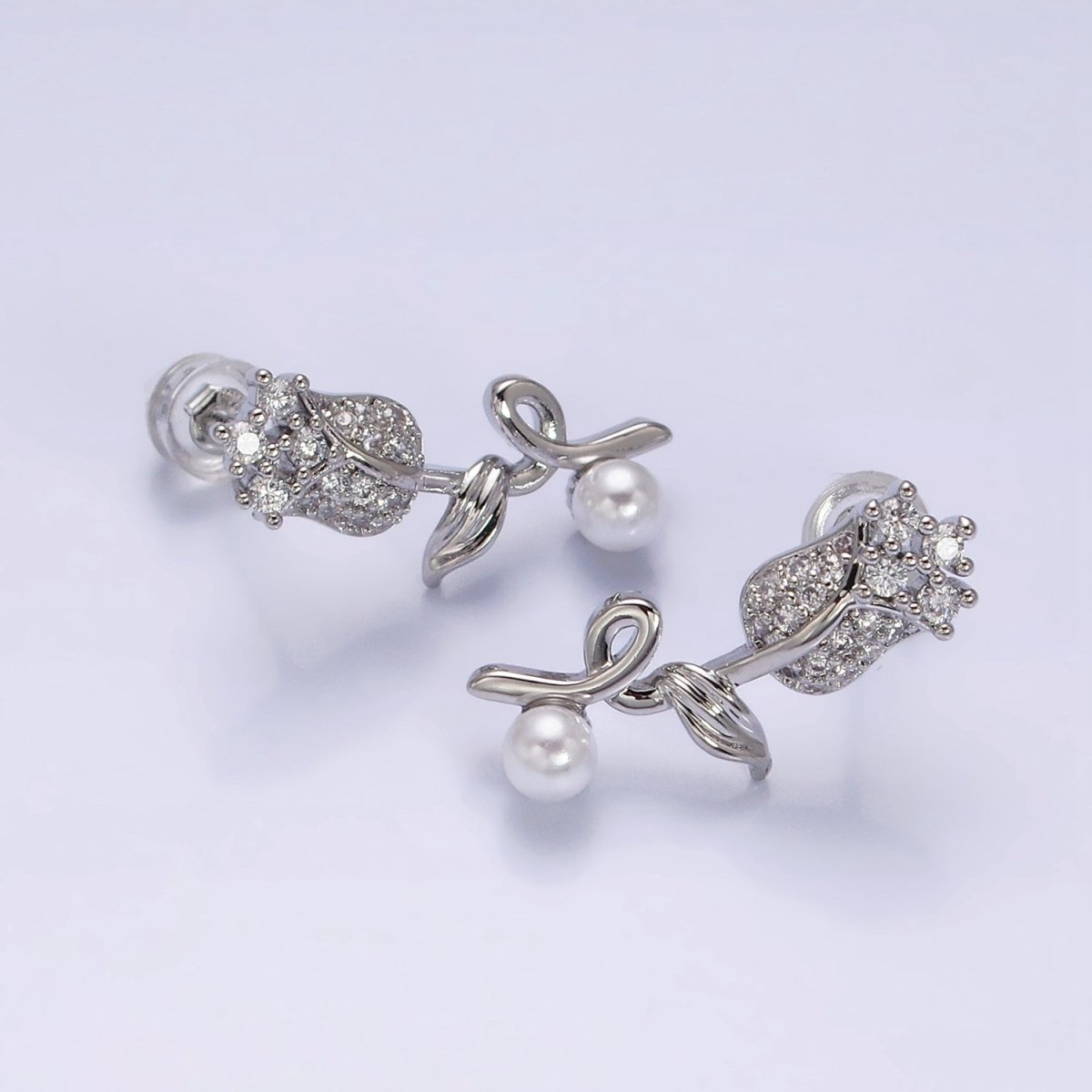 16K Gold Filled Rose Flower Micro Paved CZ Pearl Stud Earrings | Y-789 Y-790 - DLUXCA