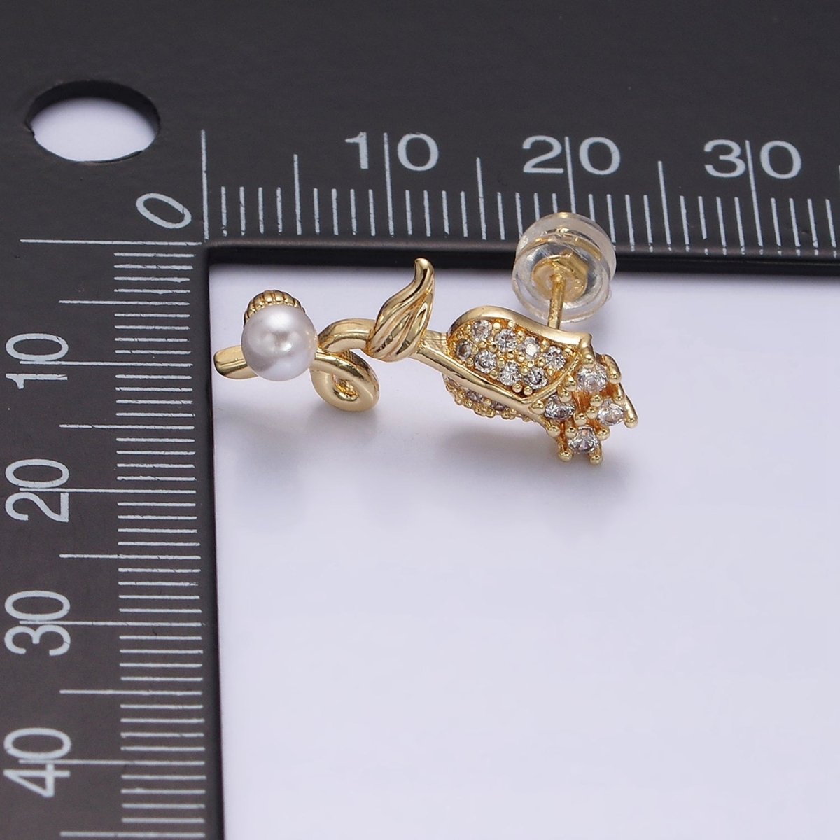 16K Gold Filled Rose Flower Micro Paved CZ Pearl Stud Earrings | Y-789 Y-790 - DLUXCA