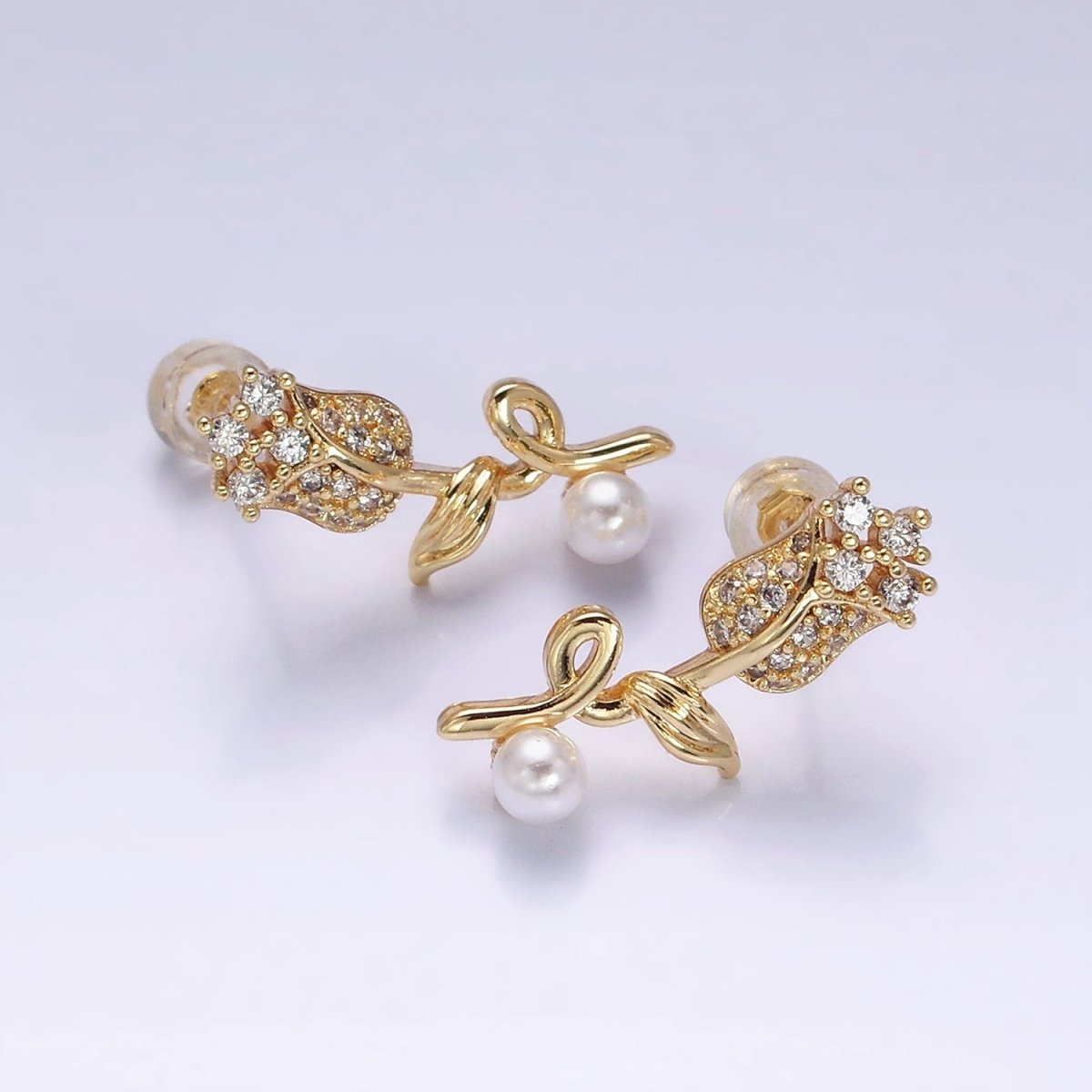 16K Gold Filled Rose Flower Micro Paved CZ Pearl Stud Earrings | Y-789 Y-790 - DLUXCA