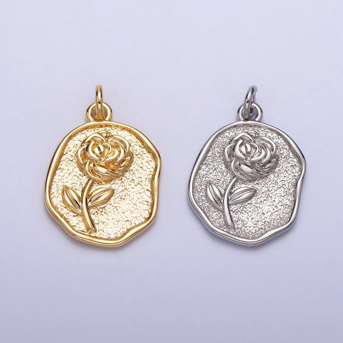 16K Gold Filled Rose Flower Textured Oval Charm in Gold & Silver | AC009 AC265 - DLUXCA