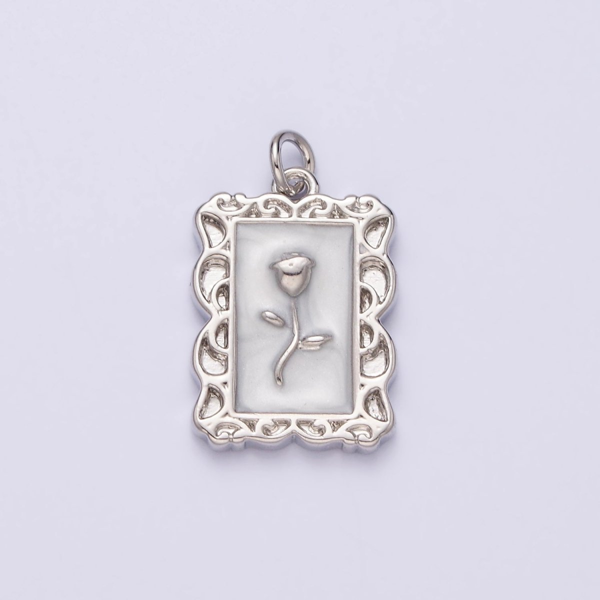 16K Gold Filled Rose Flower White, Blue, Pink Sparkly Enamel Rectangular Charm in Gold & Silver | AC1350 - AC1355 - DLUXCA