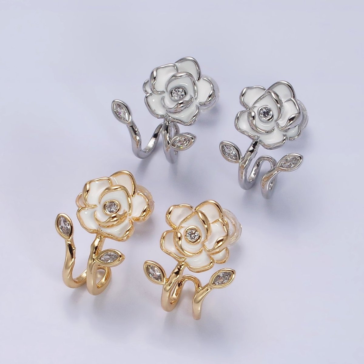 16K Gold Filled Rose Flower White Enamel Marquise CZ Cuff Stud Earrings in Gold & Silver | AD1173 AD1174 - DLUXCA