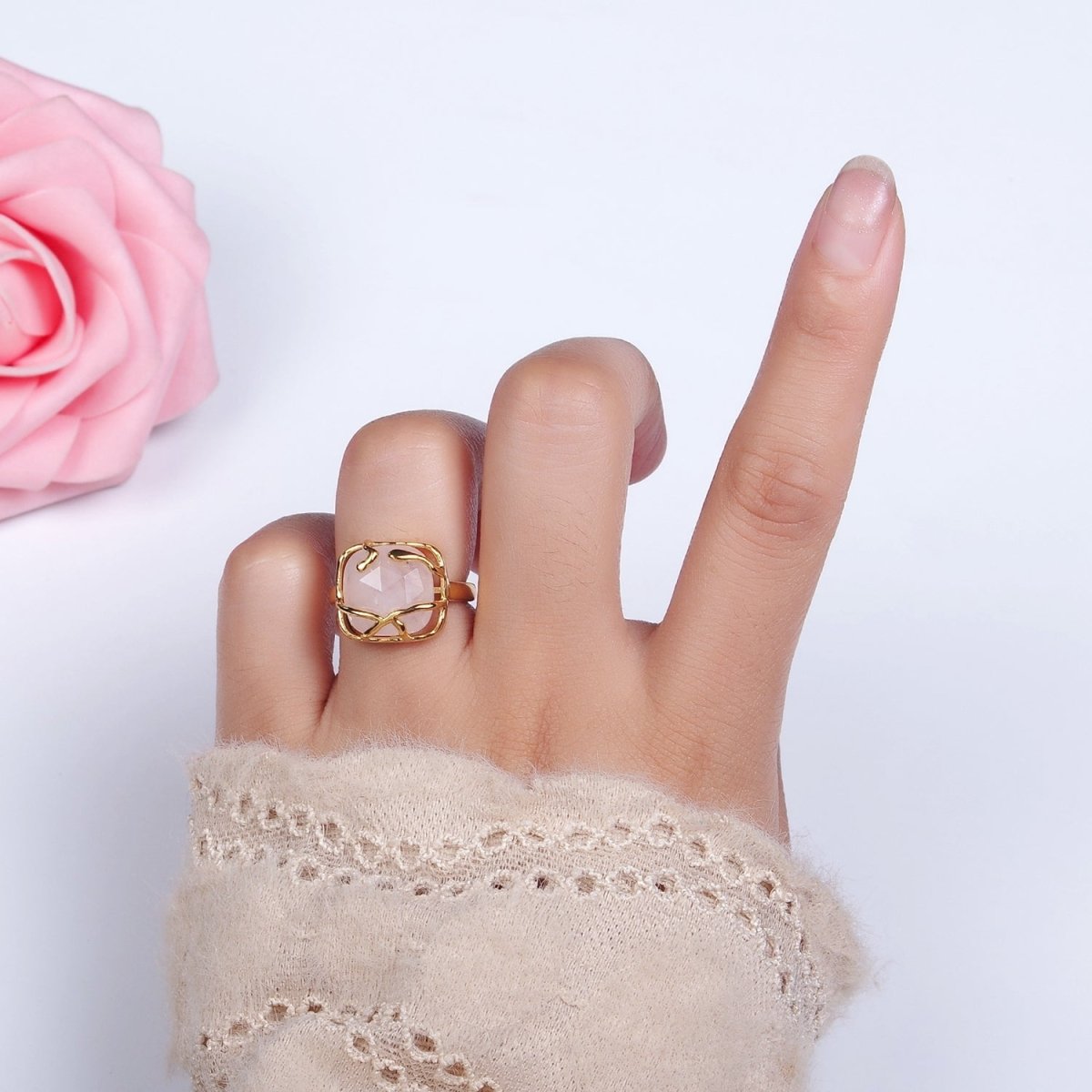 16K Gold Filled Rose Quartz, Labradorite Multifaceted Gemstone Molten Drip Ring | O-610 O-611 - DLUXCA