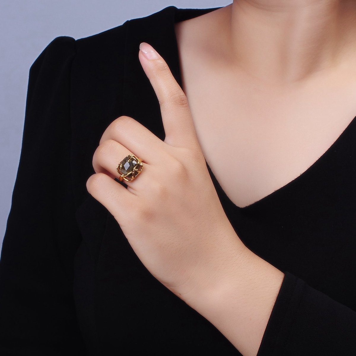 16K Gold Filled Rose Quartz, Labradorite Multifaceted Gemstone Molten Drip Ring | O-610 O-611 - DLUXCA