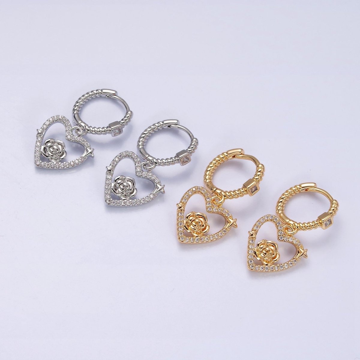 16K Gold Filled Rose Star Open Micro Paved Drop Twisted Heart CZ Huggie Earrings in Gold & Silver | AD1128 AD1129 - DLUXCA