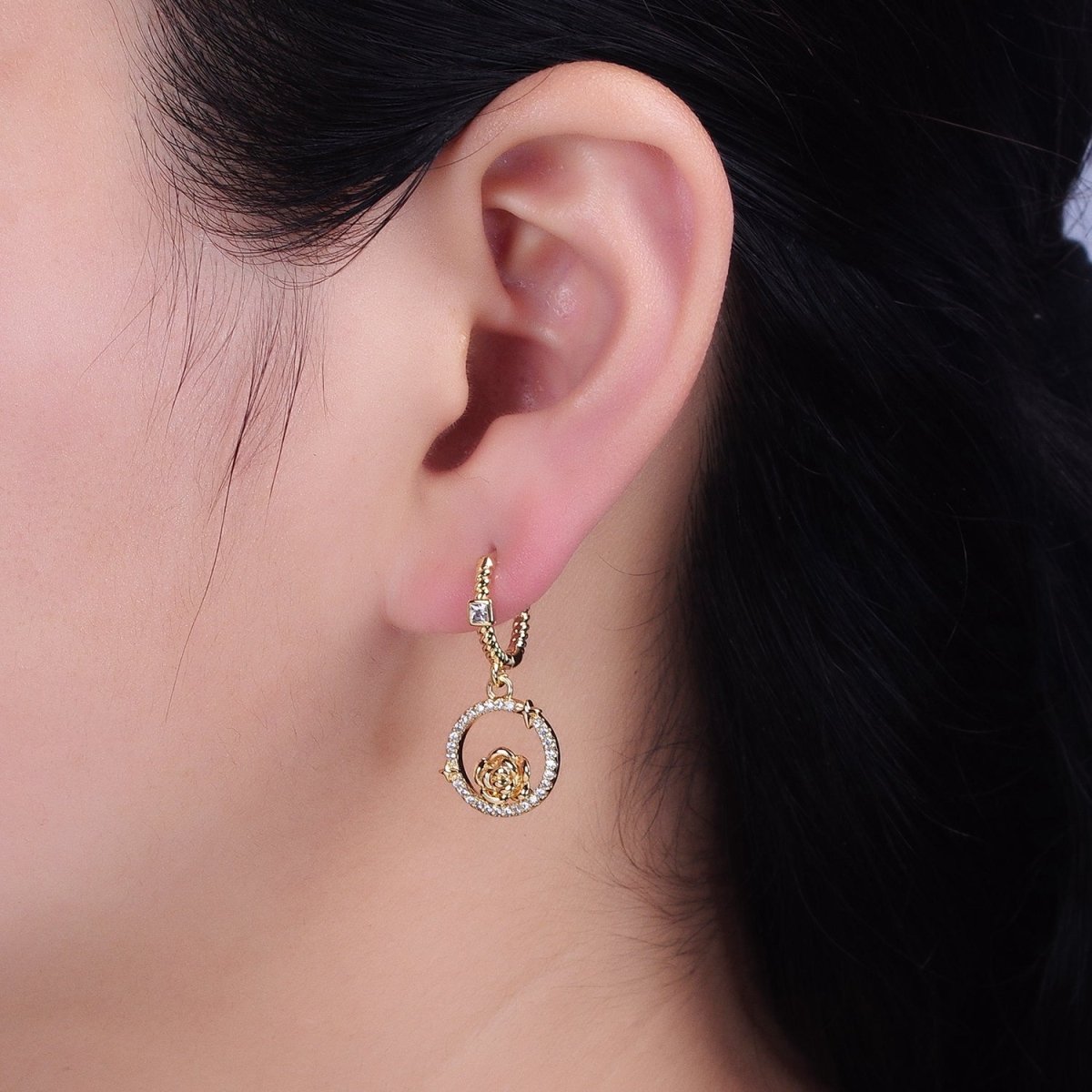 16K Gold Filled Rose Star Open Micro Paved Round Drop Twisted Square CZ Huggie Earrings in Gold & Silver | AB804 AB805 - DLUXCA
