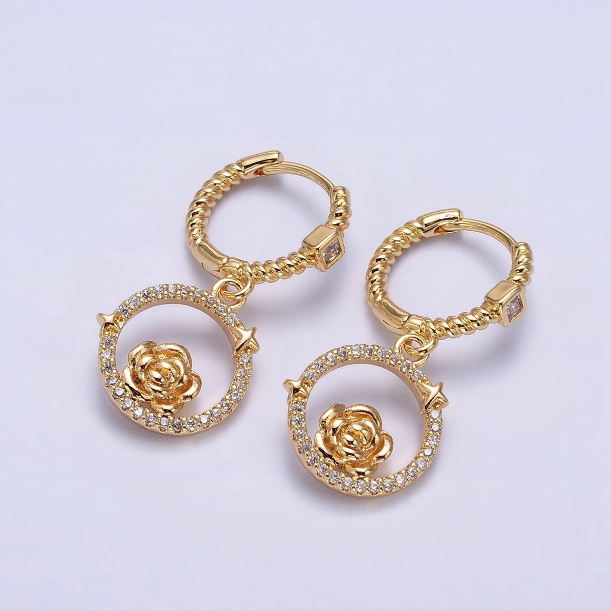 16K Gold Filled Rose Star Open Micro Paved Round Drop Twisted Square CZ Huggie Earrings in Gold & Silver | AB804 AB805 - DLUXCA