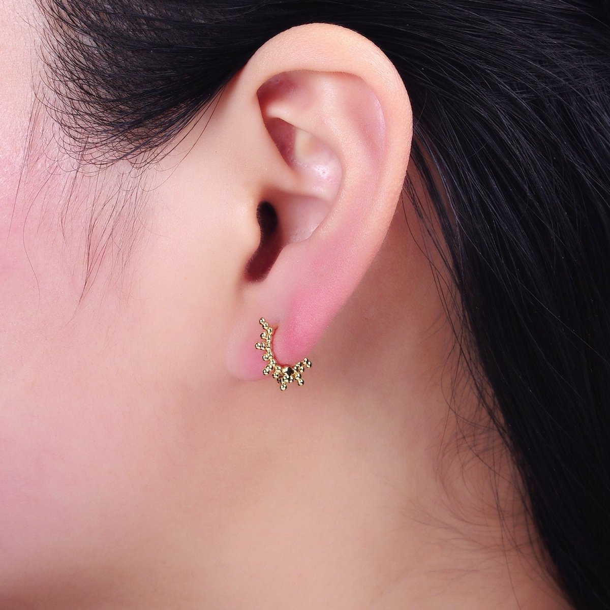 16K Gold Filled Round Beaded Ball Lined 12mm Cartilage Huggie Earrings | AD1545 - DLUXCA