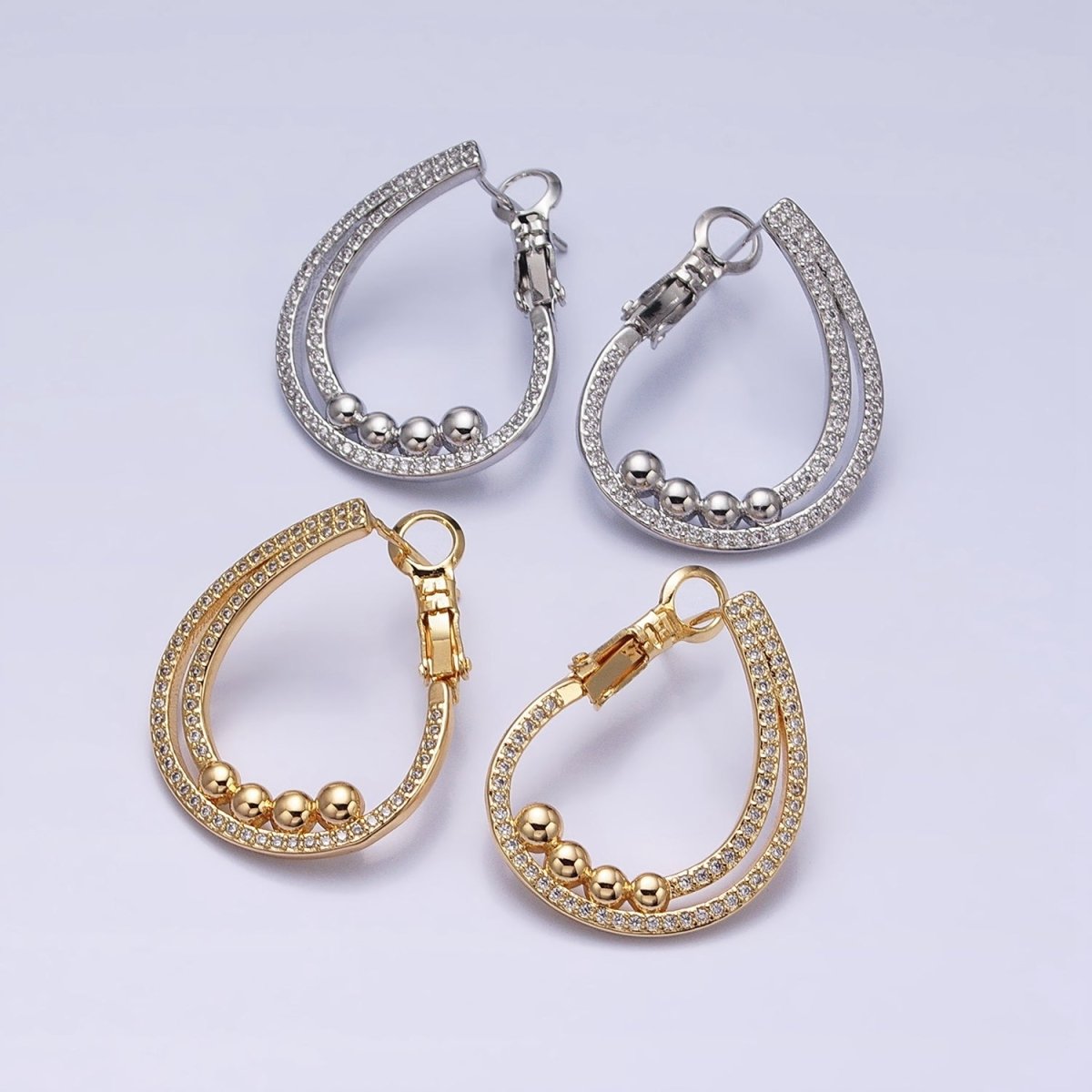 16K Gold Filled Round Beaded Bubble Double Bar Front-Facing Hinge Hoop Earrings in Gold & Silver | AD913 AD914 - DLUXCA