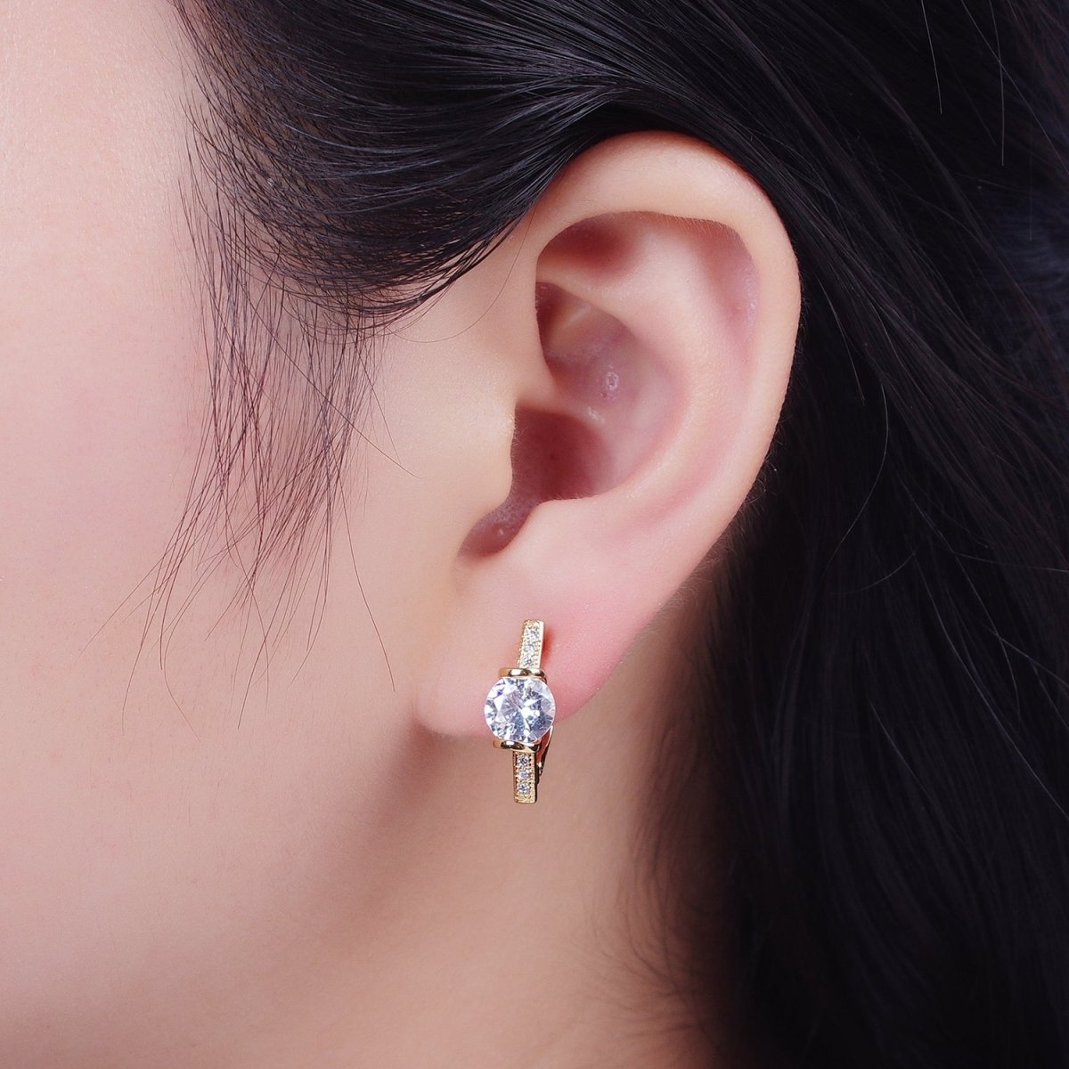 16K Gold Filled Round Cubic Zirconia Center Micro Paved Latch Back Earrings | X-851 - DLUXCA