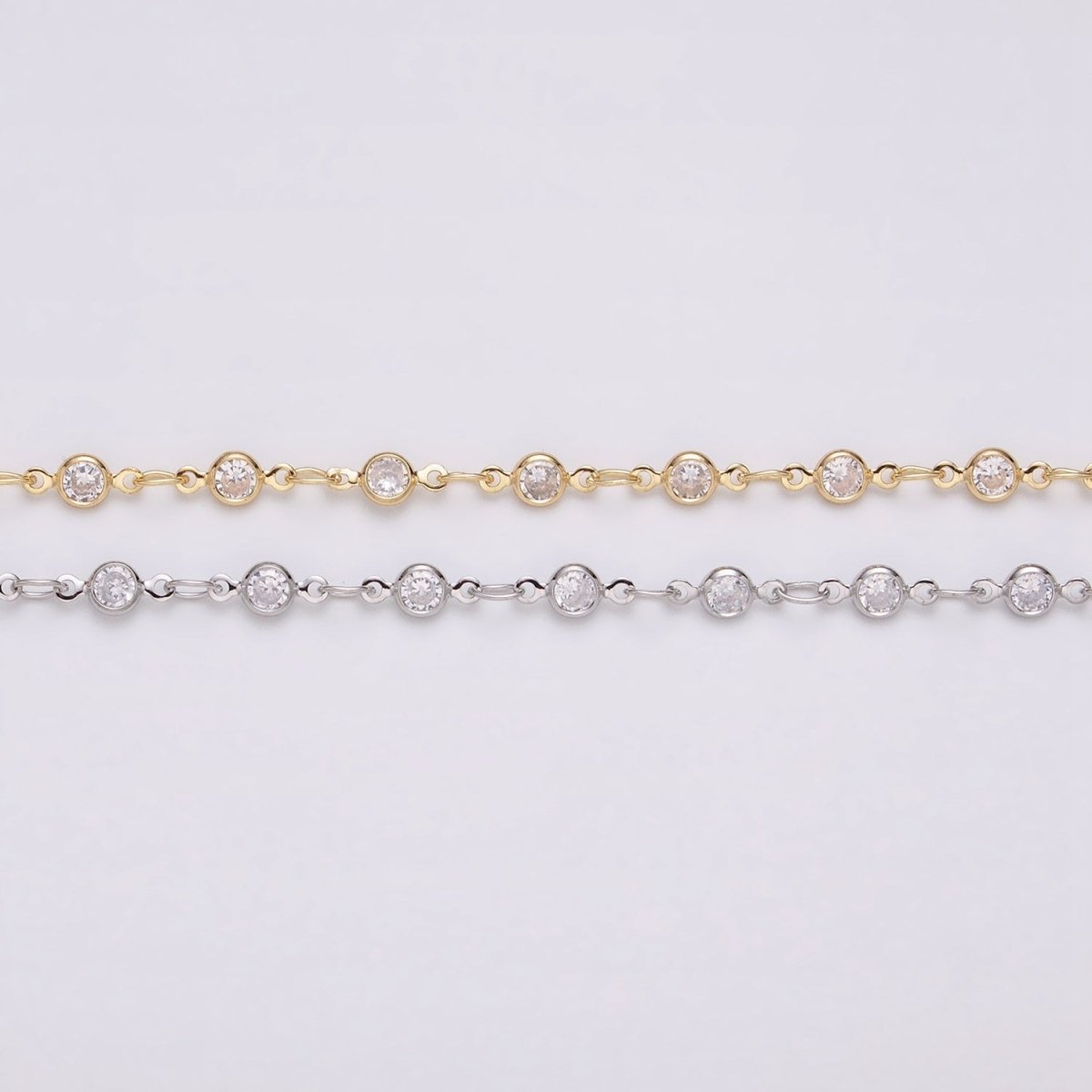 16K Gold Filled Round Diamond Bezel Cut Chain by Yard, Station CZ Chain by Yard for Necklace Bracelet Jewelry Making | ROLL-1337 ROLL-1338 - DLUXCA