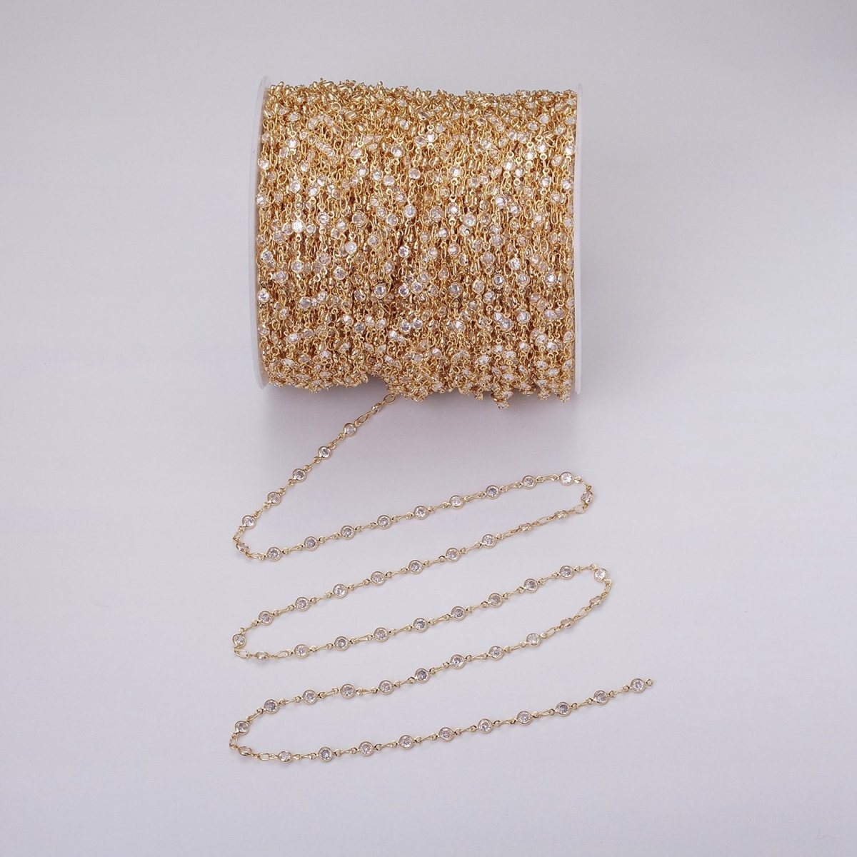 16K Gold Filled Round Diamond Bezel Cut Chain by Yard, Station CZ Chain by Yard for Necklace Bracelet Jewelry Making | ROLL-1337 ROLL-1338 - DLUXCA