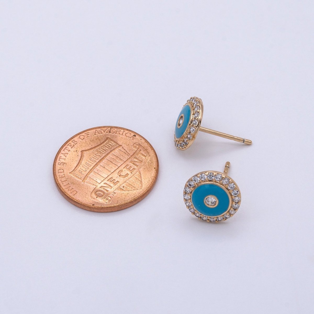 16K Gold Filled Round Evil Eye Teal Enamel Micro Paved Stud Earrings | AD874 - DLUXCA
