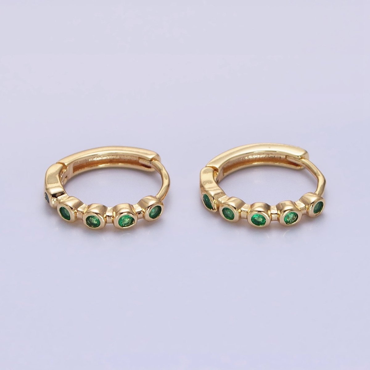 16K Gold Filled Round Green CZ Lined 12.5mm Huggie Earrings in Gold & Silver | AB1445 AB1446 - DLUXCA