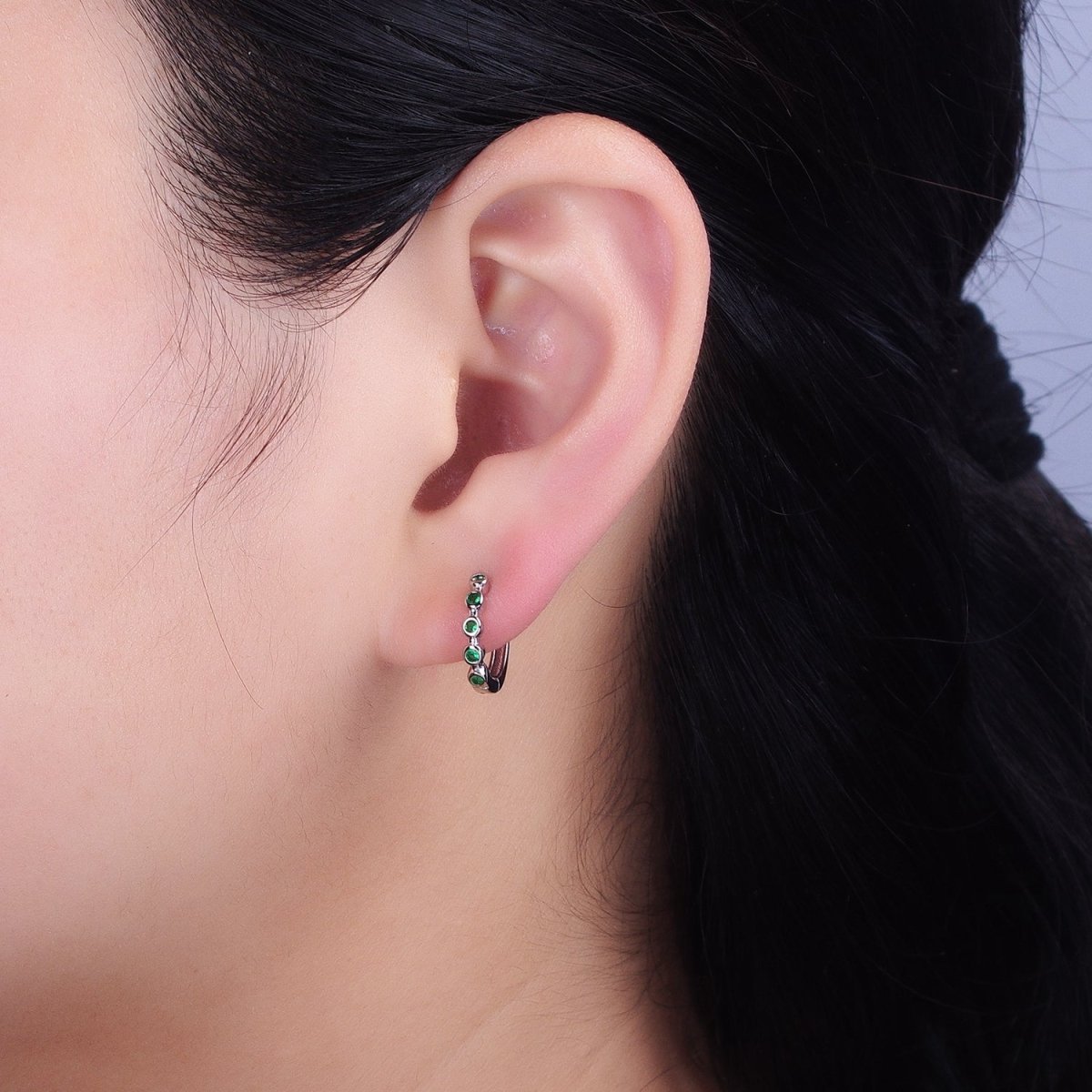 16K Gold Filled Round Green CZ Lined 12.5mm Huggie Earrings in Gold & Silver | AB1445 AB1446 - DLUXCA