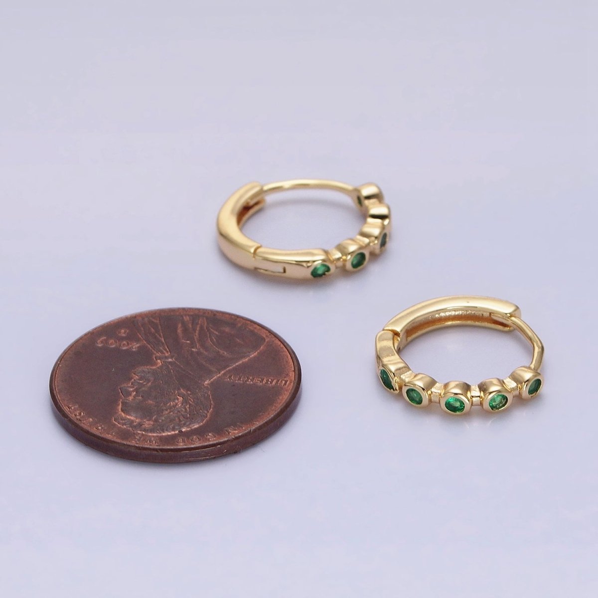 16K Gold Filled Round Green CZ Lined 12.5mm Huggie Earrings in Gold & Silver | AB1445 AB1446 - DLUXCA