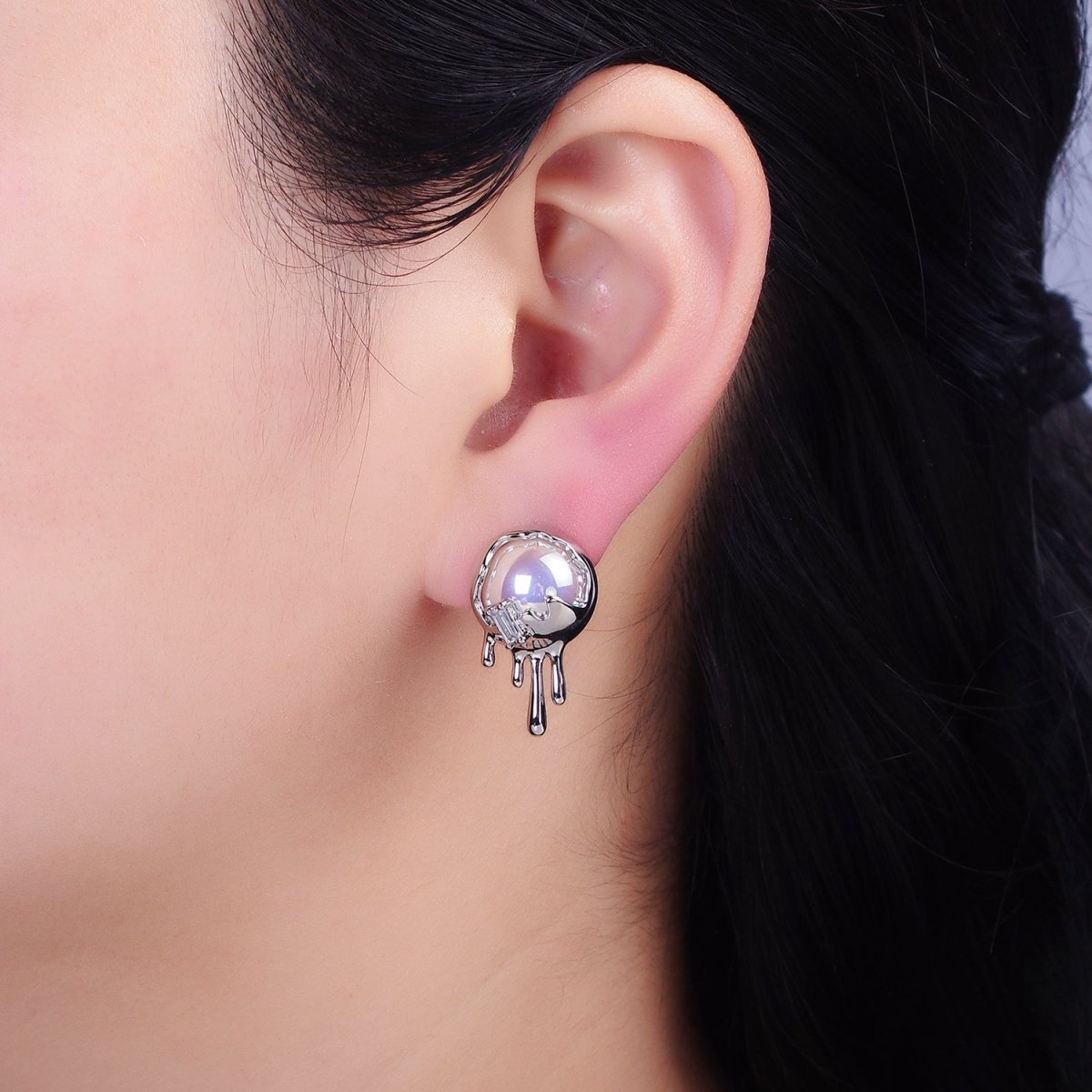 16K Gold Filled Round Iridescent Pearl Molten Drip Stud Earrings in Gold & Silver | AD980 AD981 - DLUXCA