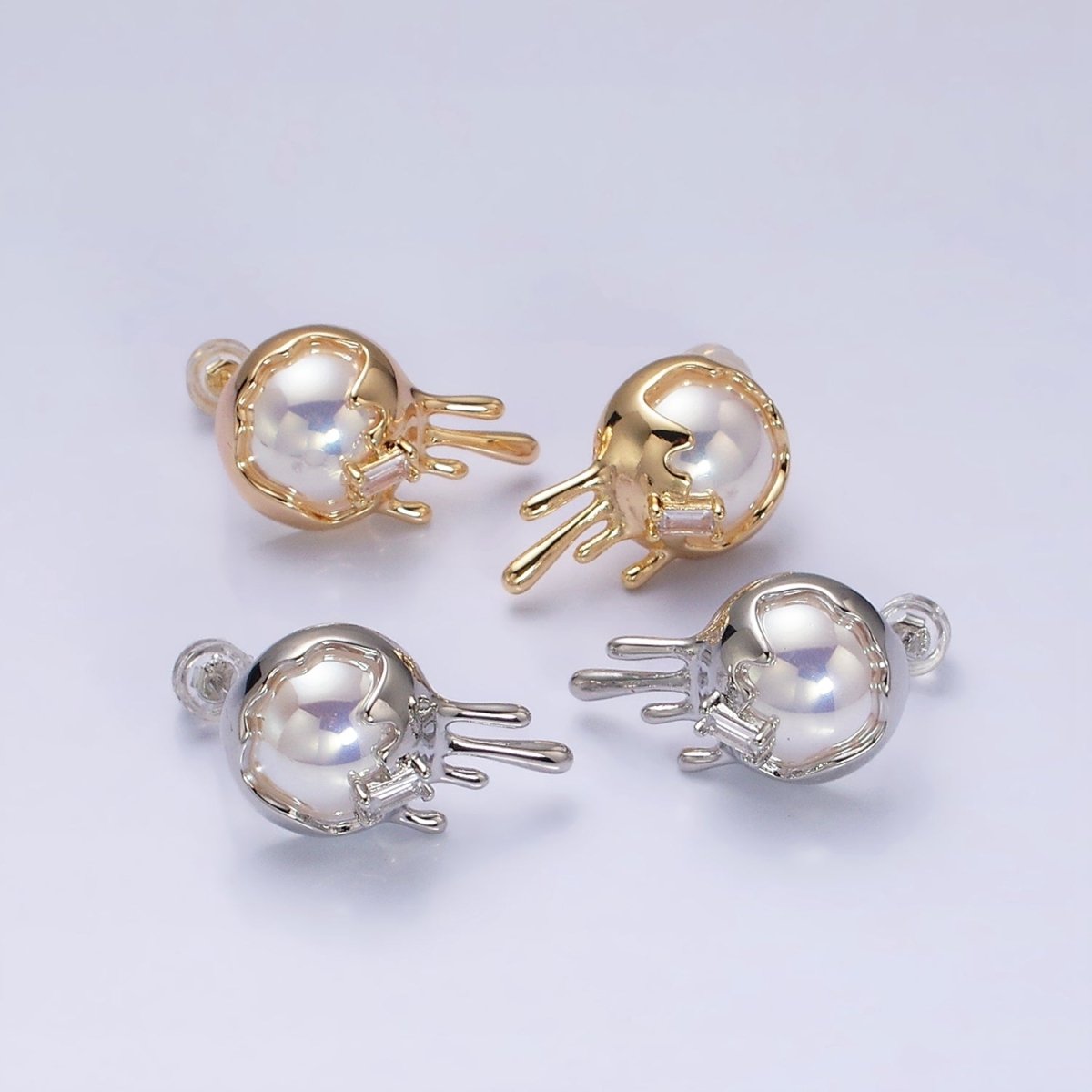 16K Gold Filled Round Iridescent Pearl Molten Drip Stud Earrings in Gold & Silver | AD980 AD981 - DLUXCA