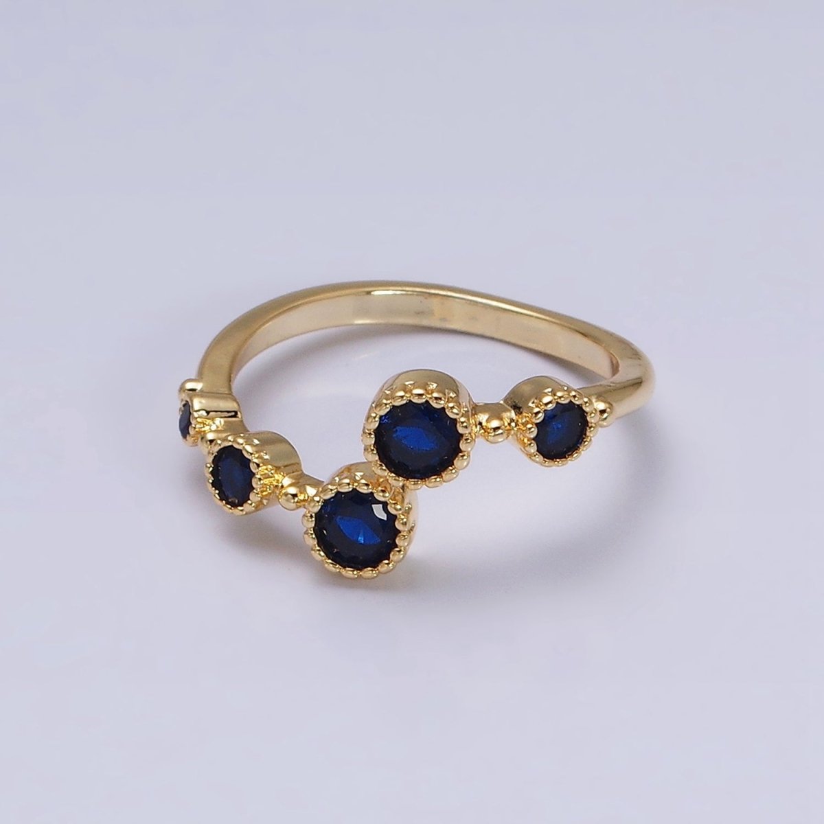 16K Gold Filled Round Sapphire Blue CZ Open Adjustable Ring in Gold & Silver | O-1601 O-1602 - DLUXCA