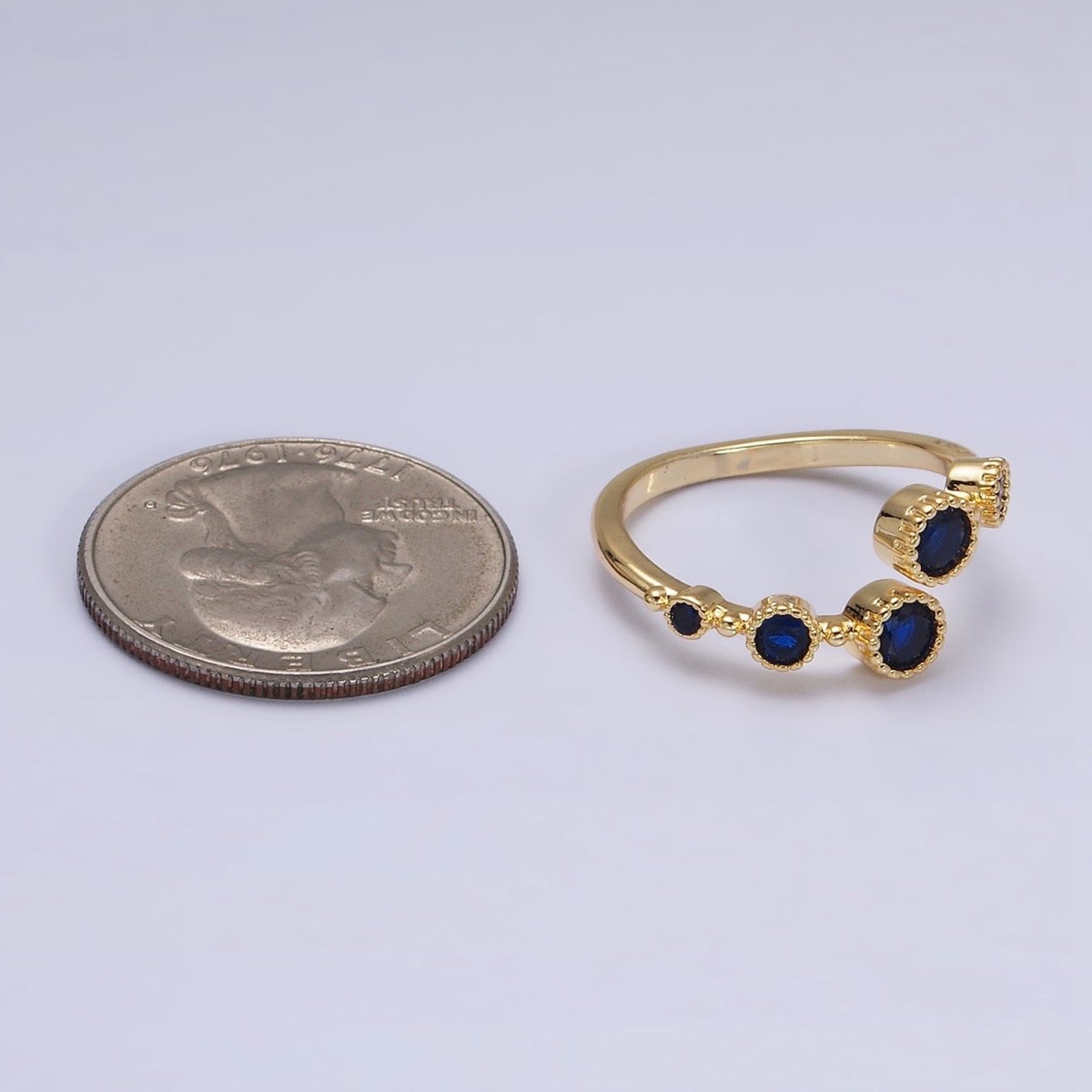 16K Gold Filled Round Sapphire Blue CZ Open Adjustable Ring in Gold & Silver | O-1601 O-1602 - DLUXCA