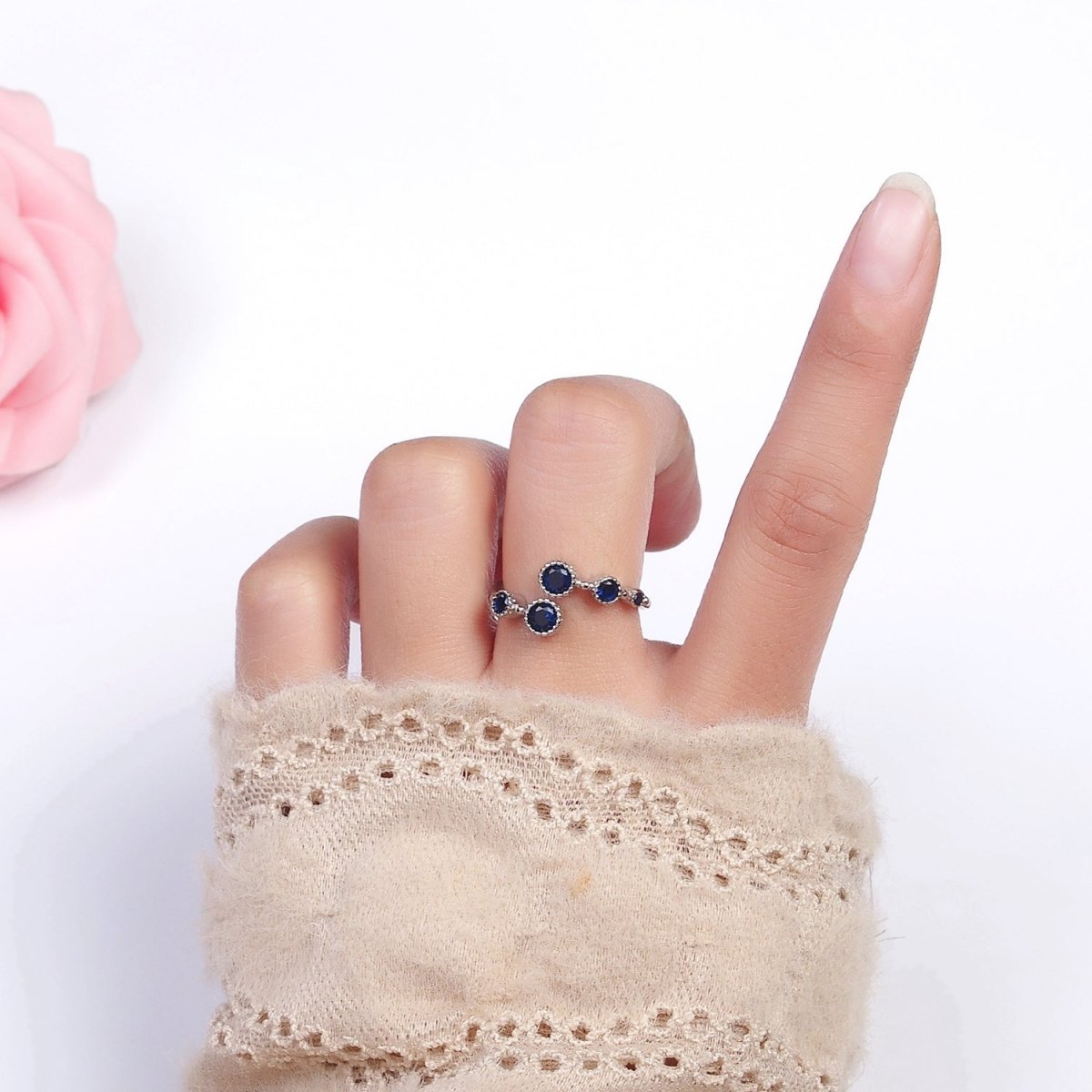 16K Gold Filled Round Sapphire Blue CZ Open Adjustable Ring in Gold & Silver | O-1601 O-1602 - DLUXCA