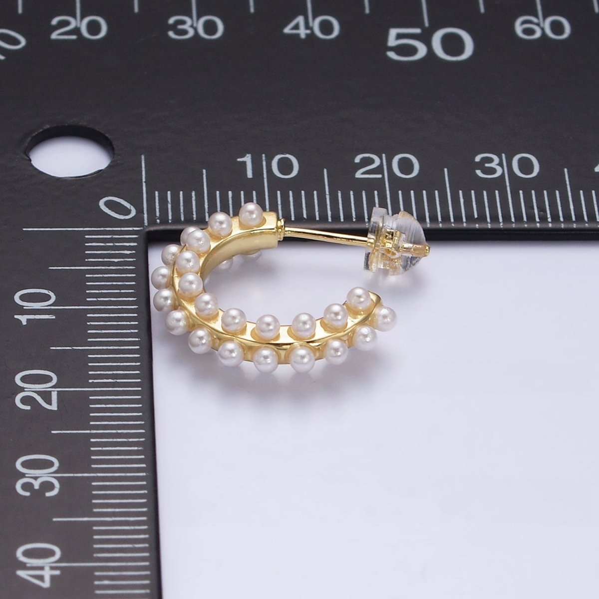 16K Gold Filled Round White Pearl Dotted C-Shaped Hoop Earrings in Gold & Silver | AE595 AE596 - DLUXCA