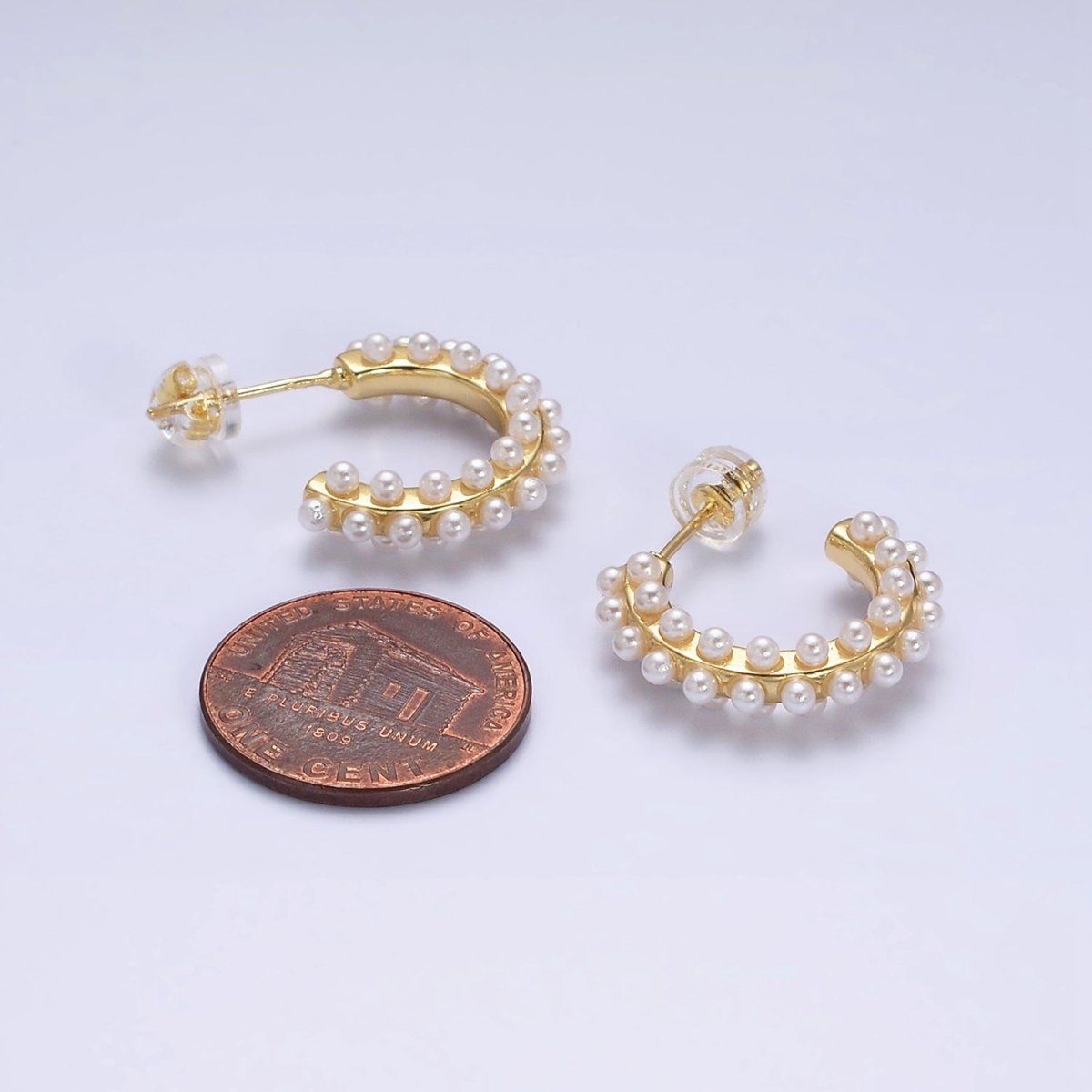 16K Gold Filled Round White Pearl Dotted C-Shaped Hoop Earrings in Gold & Silver | AE595 AE596 - DLUXCA