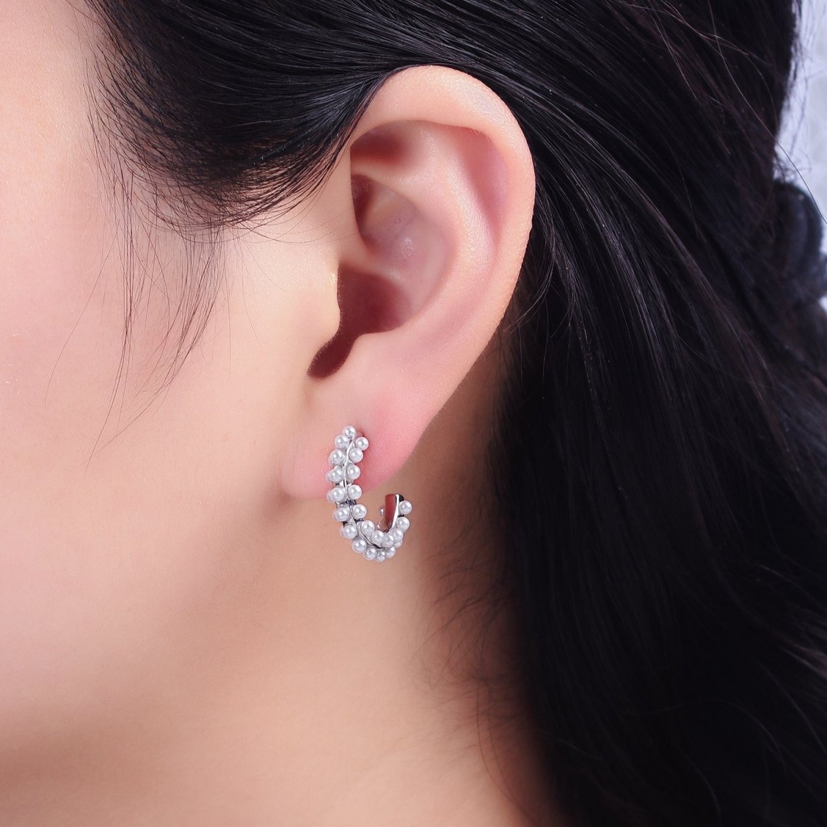 16K Gold Filled Round White Pearl Dotted C-Shaped Hoop Earrings in Gold & Silver | AE595 AE596 - DLUXCA