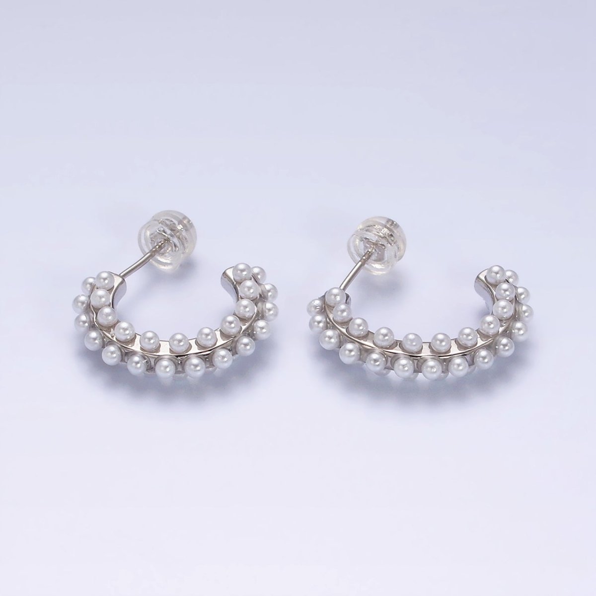 16K Gold Filled Round White Pearl Dotted C-Shaped Hoop Earrings in Gold & Silver | AE595 AE596 - DLUXCA
