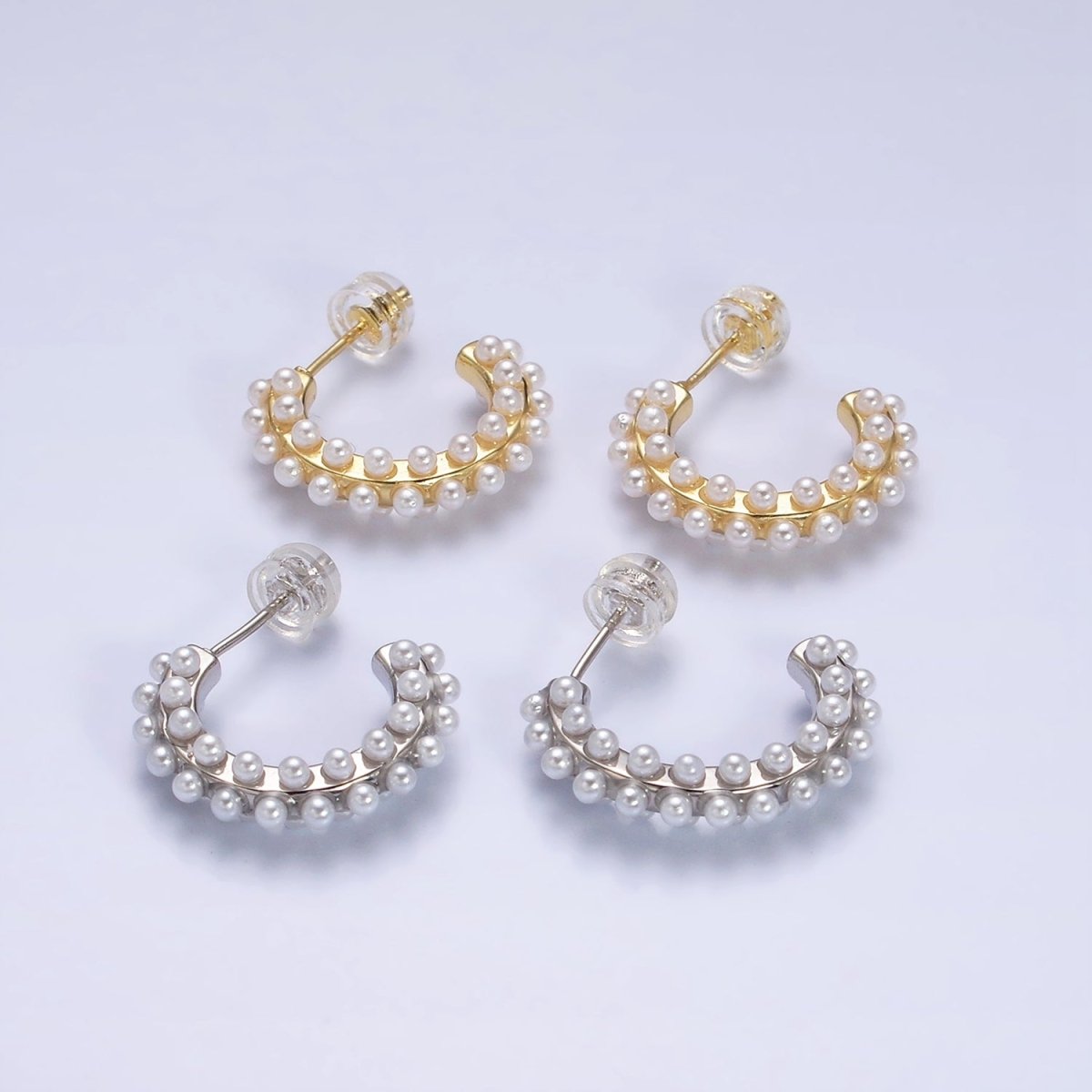 16K Gold Filled Round White Pearl Dotted C-Shaped Hoop Earrings in Gold & Silver | AE595 AE596 - DLUXCA