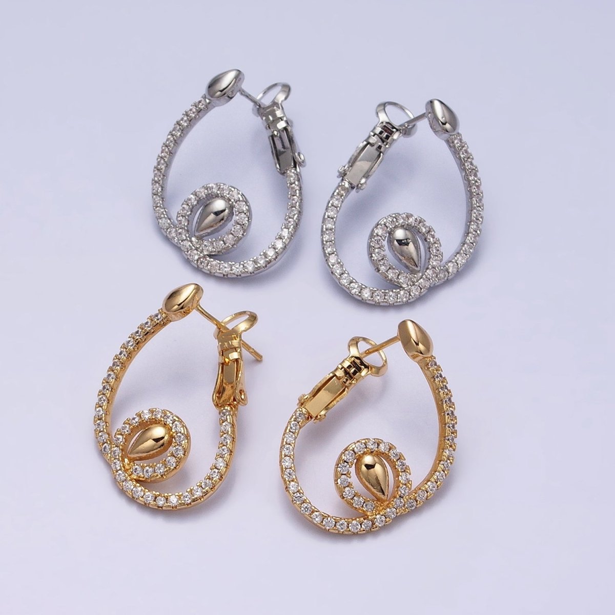 16K Gold Filled Rounded Swirl Micro Paved CZ Front-Facing Hinge Earring in Gold & Silver | AD903 AD904 - DLUXCA