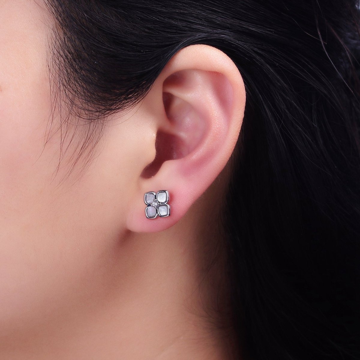 16K Gold Filled Shell Pearl Flower Quatrefoil Stud Earring in Gold & Silver | AD1554 AD1555 - DLUXCA