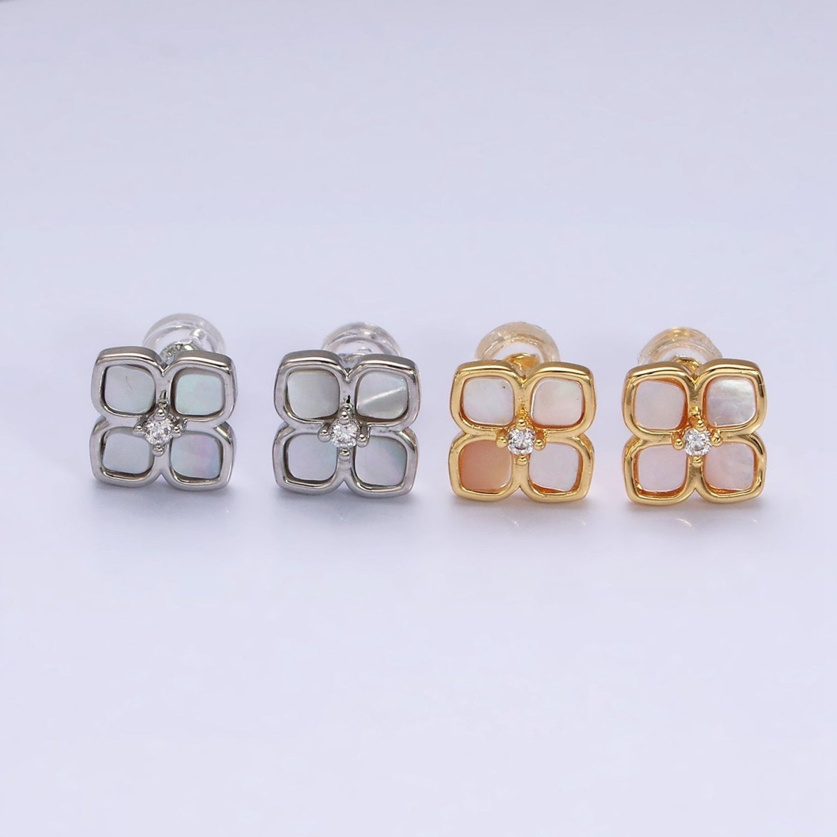 16K Gold Filled Shell Pearl Flower Quatrefoil Stud Earring in Gold & Silver | AD1554 AD1555 - DLUXCA