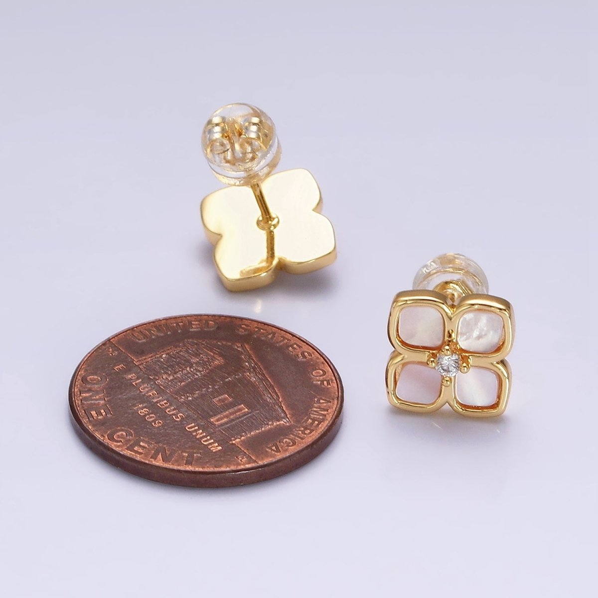 16K Gold Filled Shell Pearl Flower Quatrefoil Stud Earring in Gold & Silver | AD1554 AD1555 - DLUXCA