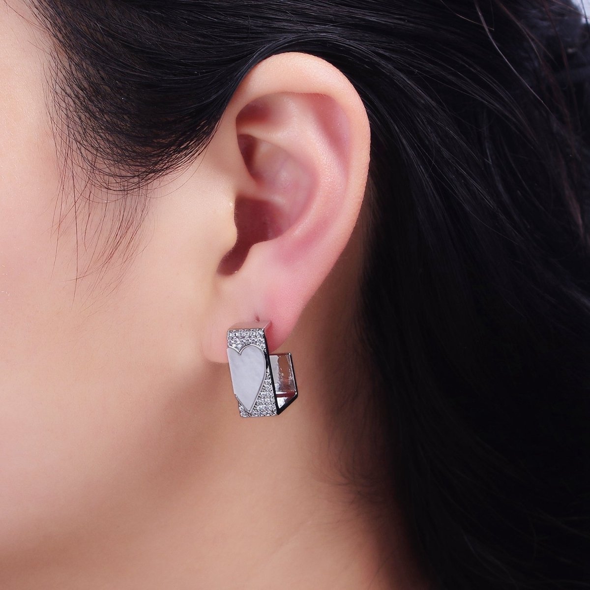 16K Gold Filled Shell Pearl Heart Micro Paved CZ Boxy J-Shaped Hoop Earrings Set in Gold & Silver | AD1351 AD1352 - DLUXCA