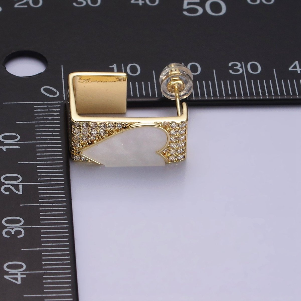 16K Gold Filled Shell Pearl Heart Micro Paved CZ Boxy J-Shaped Hoop Earrings Set in Gold & Silver | AD1351 AD1352 - DLUXCA